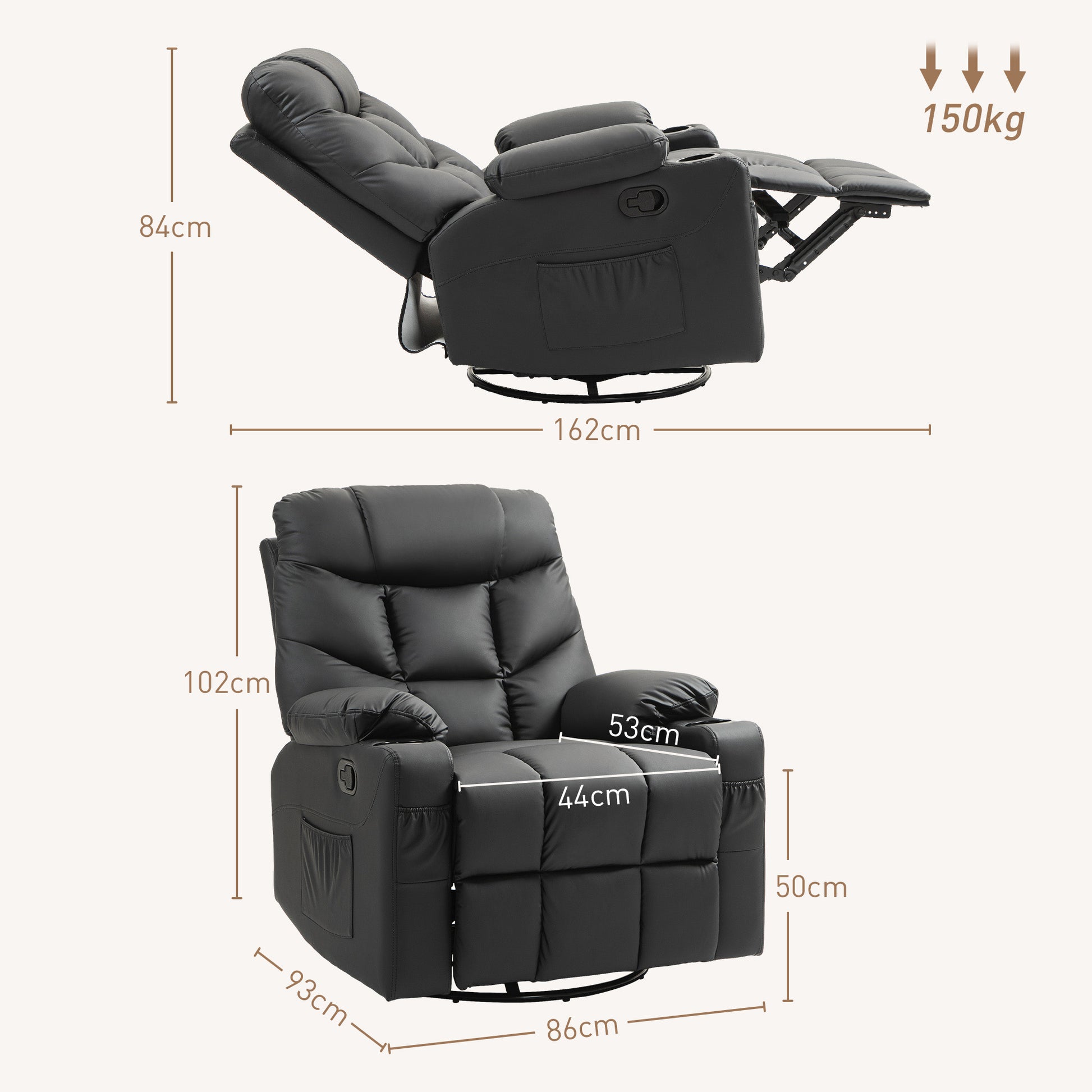 HOMCOM Manual Reclining Chair, Recliner Armchair with Swivel, Faux Leather, Footrest, Cup Holders, 86x93x102cm in Black-1
