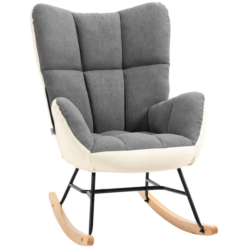 Rocking Chair for Nursery, Upholstered Wingback Armchair with Steel and Wood Legs for Living Room, Bedroom, Balcony, Grey and Cream | HOMCOM-0