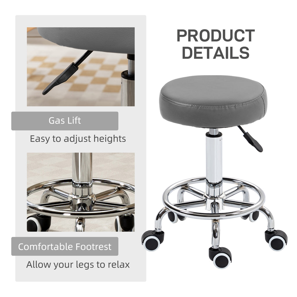 PU Leather Rolling Stool, Height Adjustable Stool Chair with Wheels for Salon, Massage, Spa, Grey | Vinsetto-6