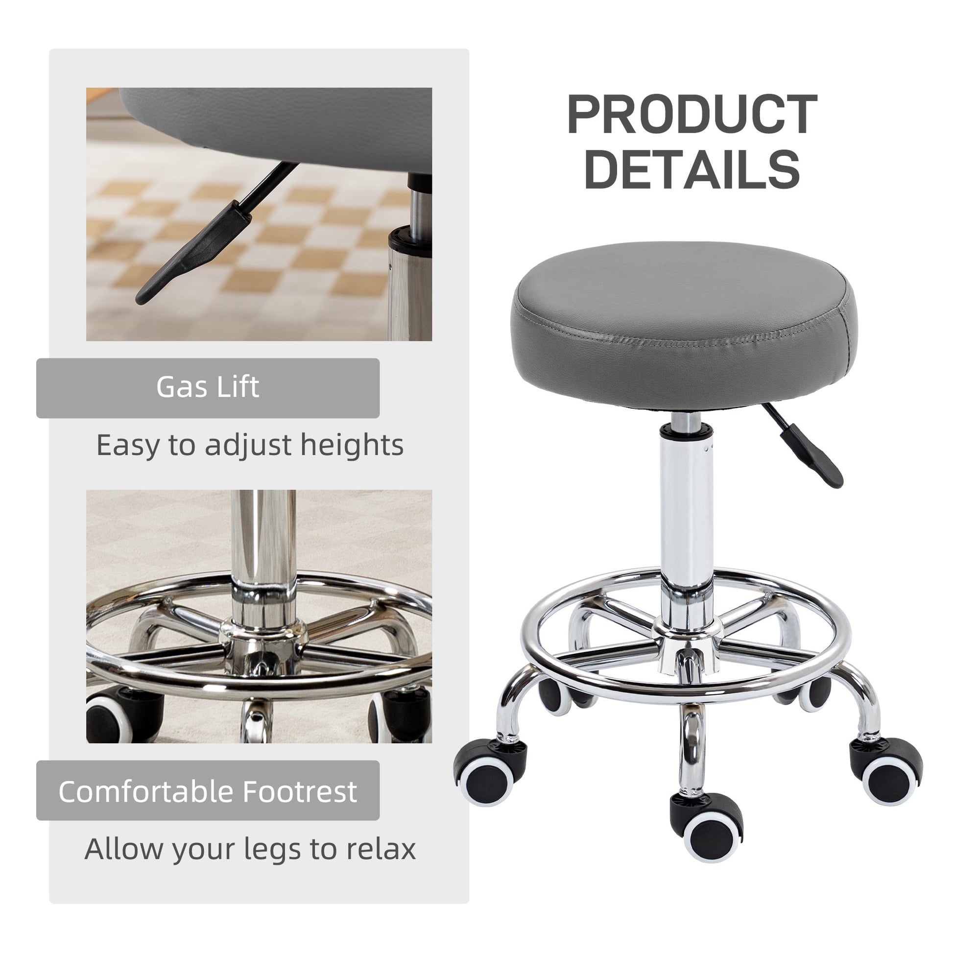 PU Leather Rolling Stool, Height Adjustable Stool Chair with Wheels for Salon, Massage, Spa, Grey | Vinsetto-6
