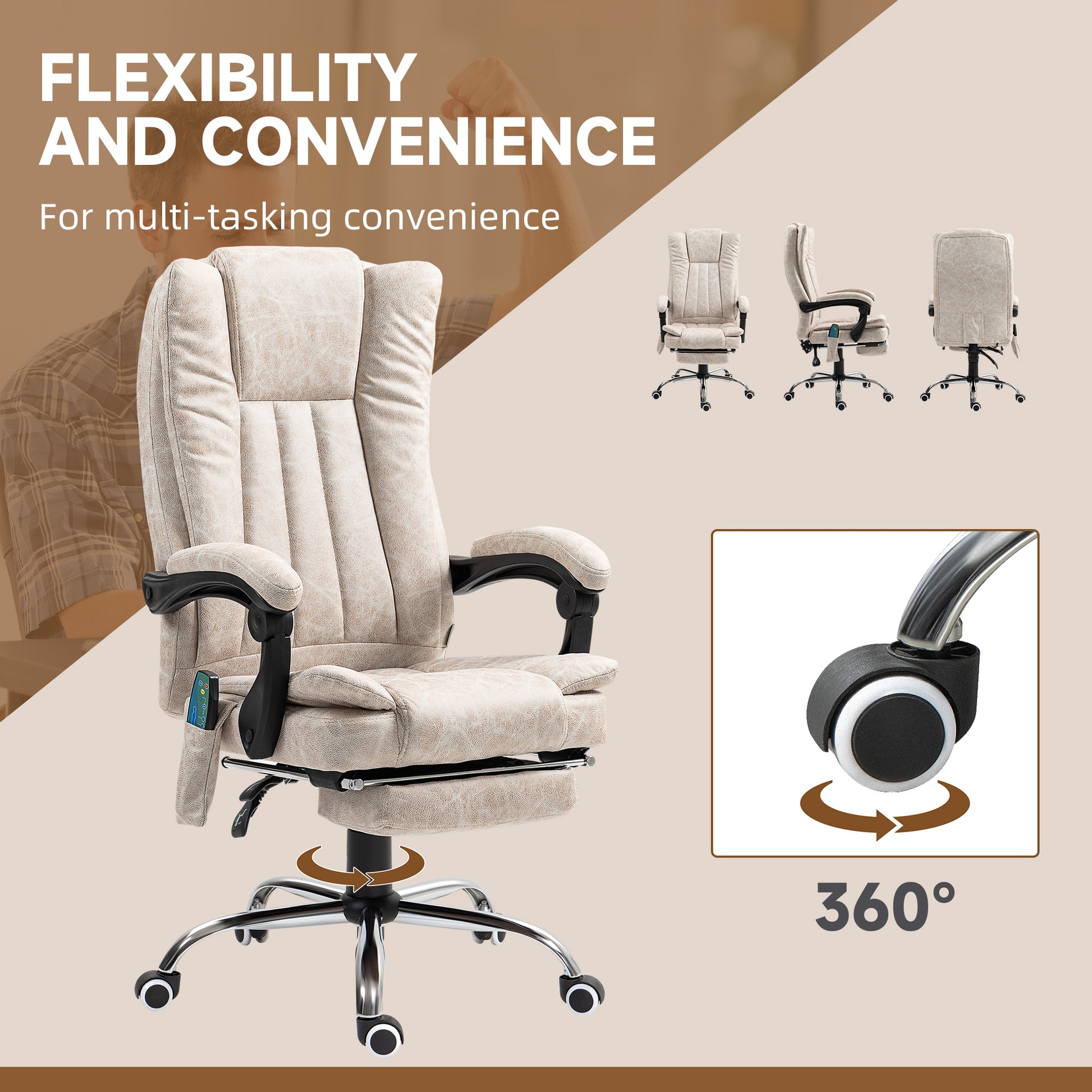 Vibrating Massage Office Chair with Heat, Executive Office Chair with Height Adjustable and Footrest, Cream White | Vinsetto-4