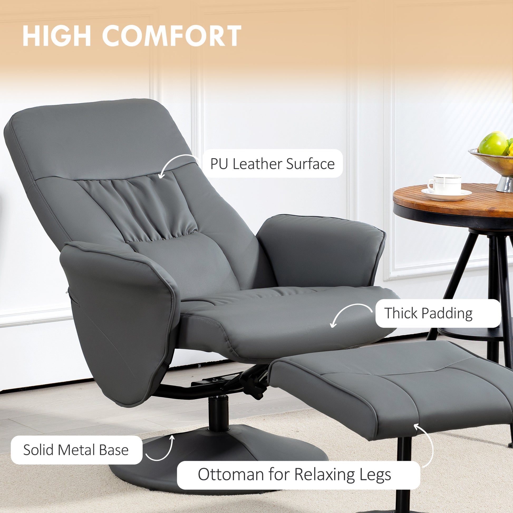 Swivel Recliner Chair with Footstool, PU Leather Armchair and Ottoman with High Back and Round Base for Living Room in Grey | HOMCOM-4