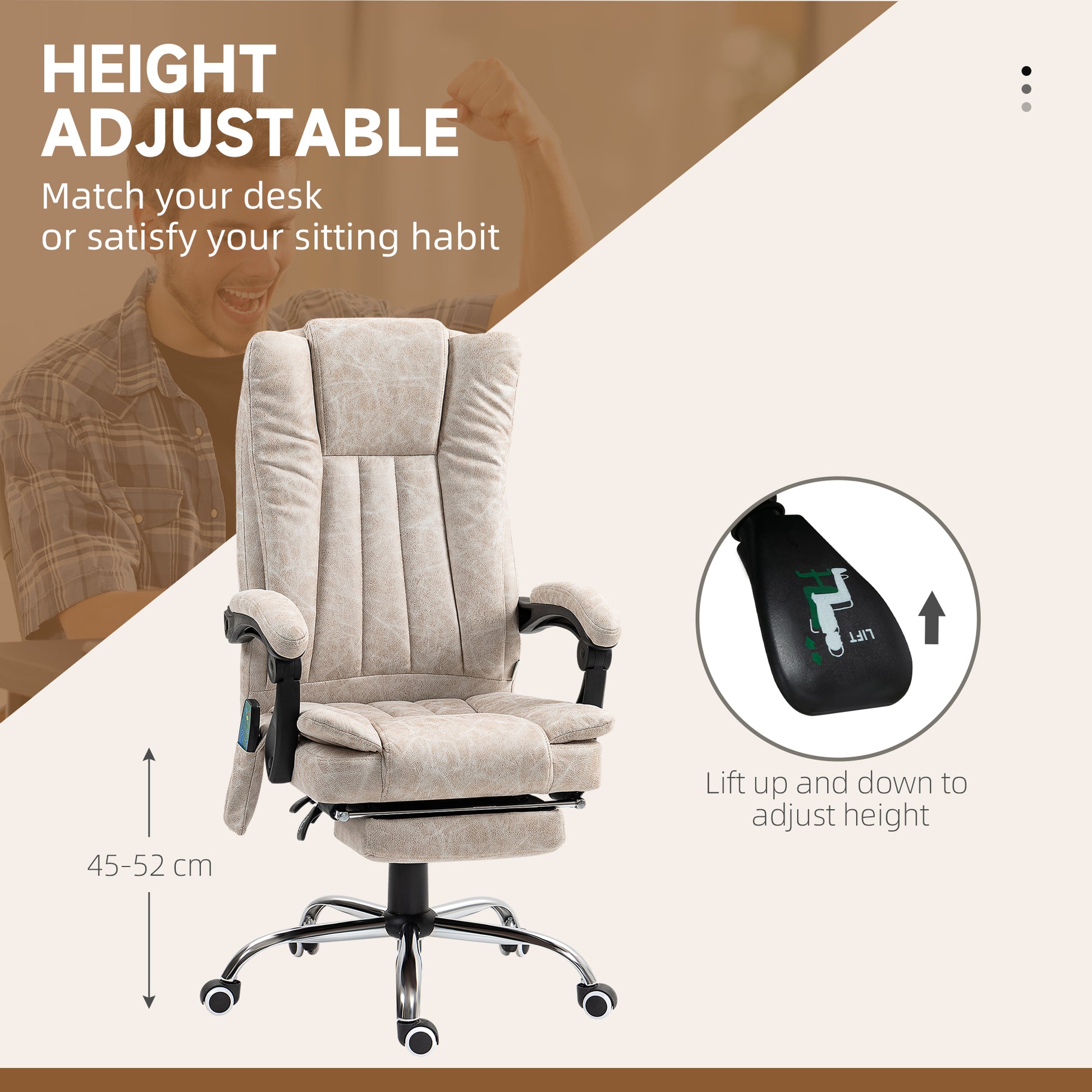 Vibrating Massage Office Chair with Heat, Executive Office Chair with Height Adjustable and Footrest, Cream White | Vinsetto-3
