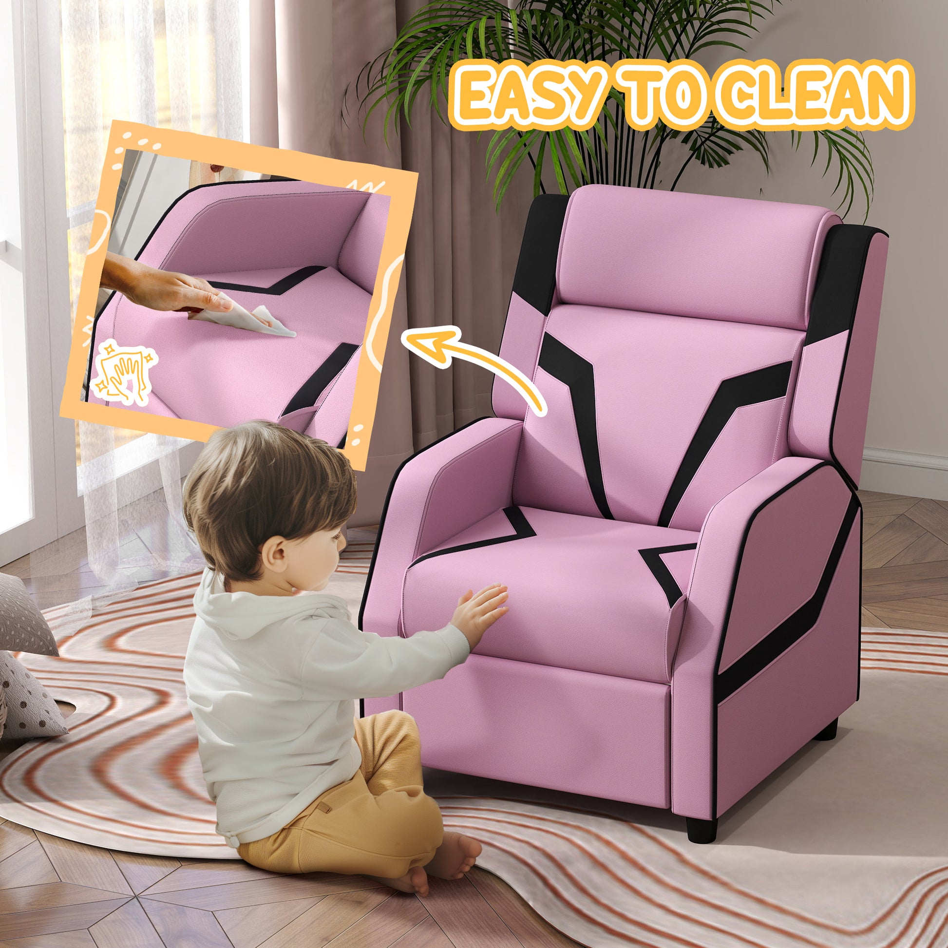 Pink Kids Reclining Chair with Backrest, Armrest, Footrest, PU Leather, for 3-9 Years Old by AIYAPLAY-5
