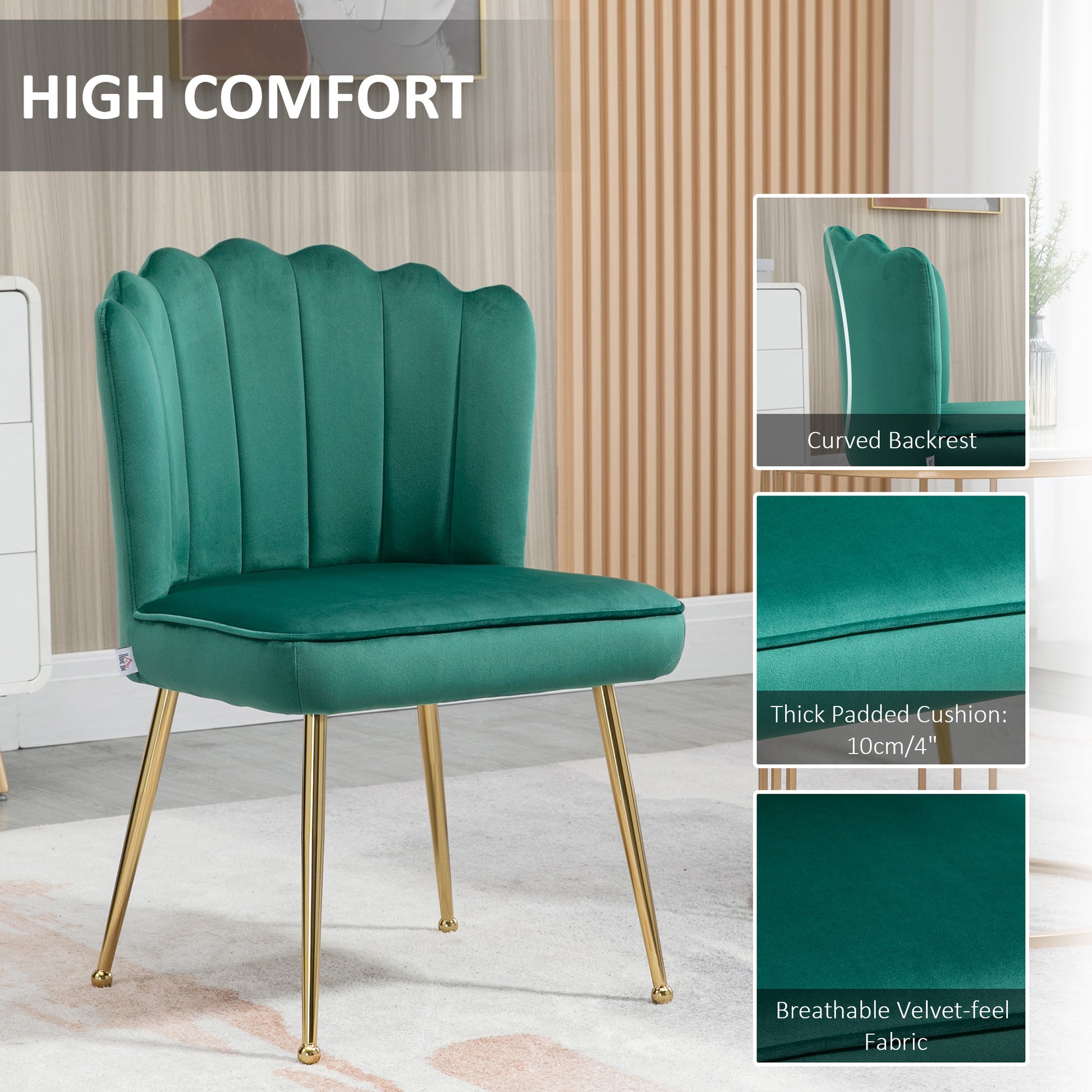 Glam Velvet-Feel Shell Accent Chair, Luxe Vanity Makeup Seat, Metal Legs, Comfort Padding in Green | HOMCOM-4