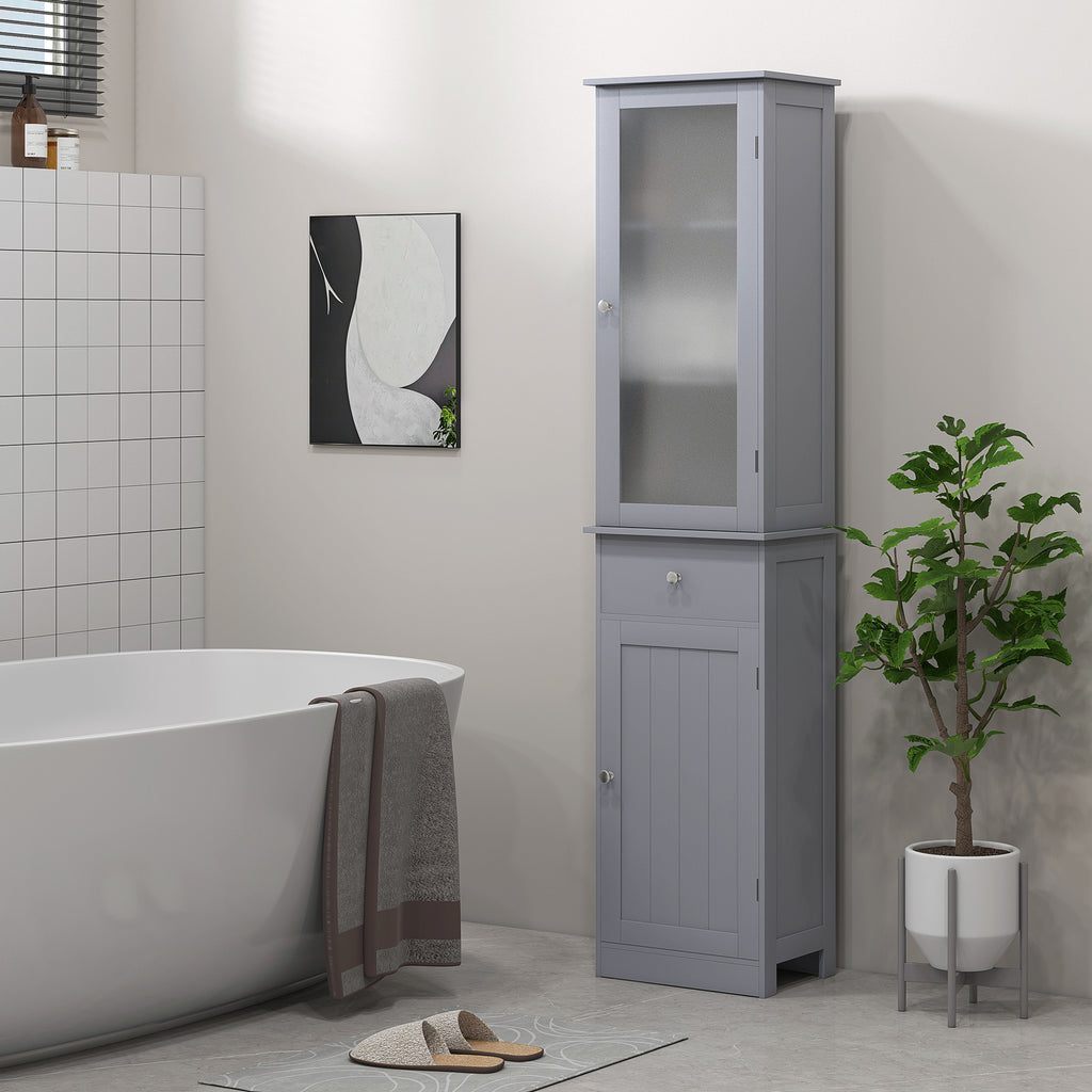 kleankin Bathroom Storage Cabinet with 3-tier Shelf Drawer Door, Floor Cabinet Free Standing Tall Slim Side Organizer Shelves in Grey