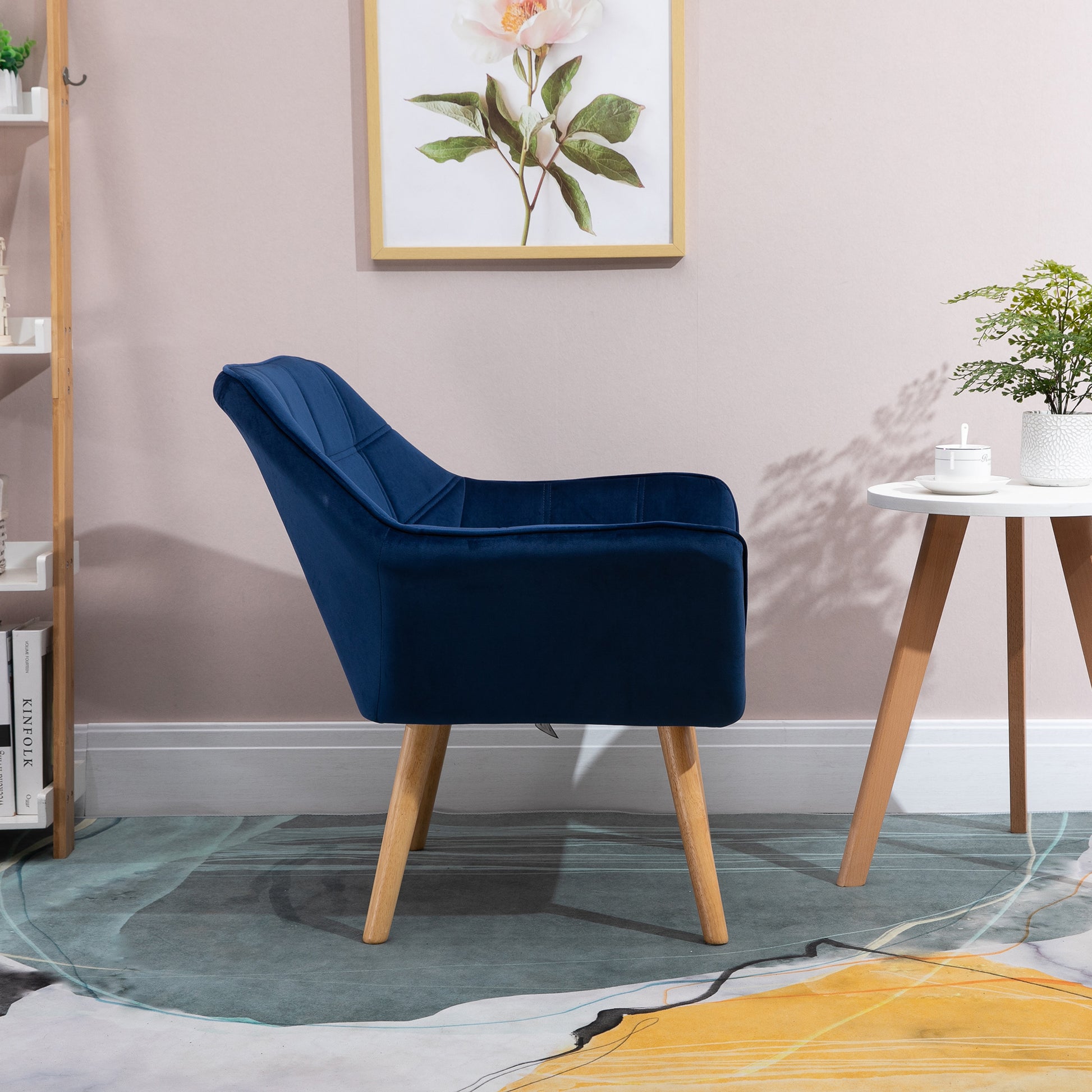 Home Accent Armchair Wide Arms Slanted Back Padding Iron Frame Wooden Legs in Blue | HOMCOM-5