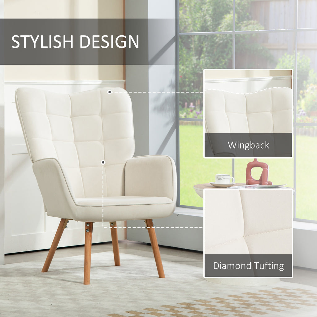 HOMCOM Modern Accent Chair Velvet-Touch Tufted Wingback Armchair Upholstered Leisure Lounge Sofa Club Chair with Wood Legs, Cream White-3