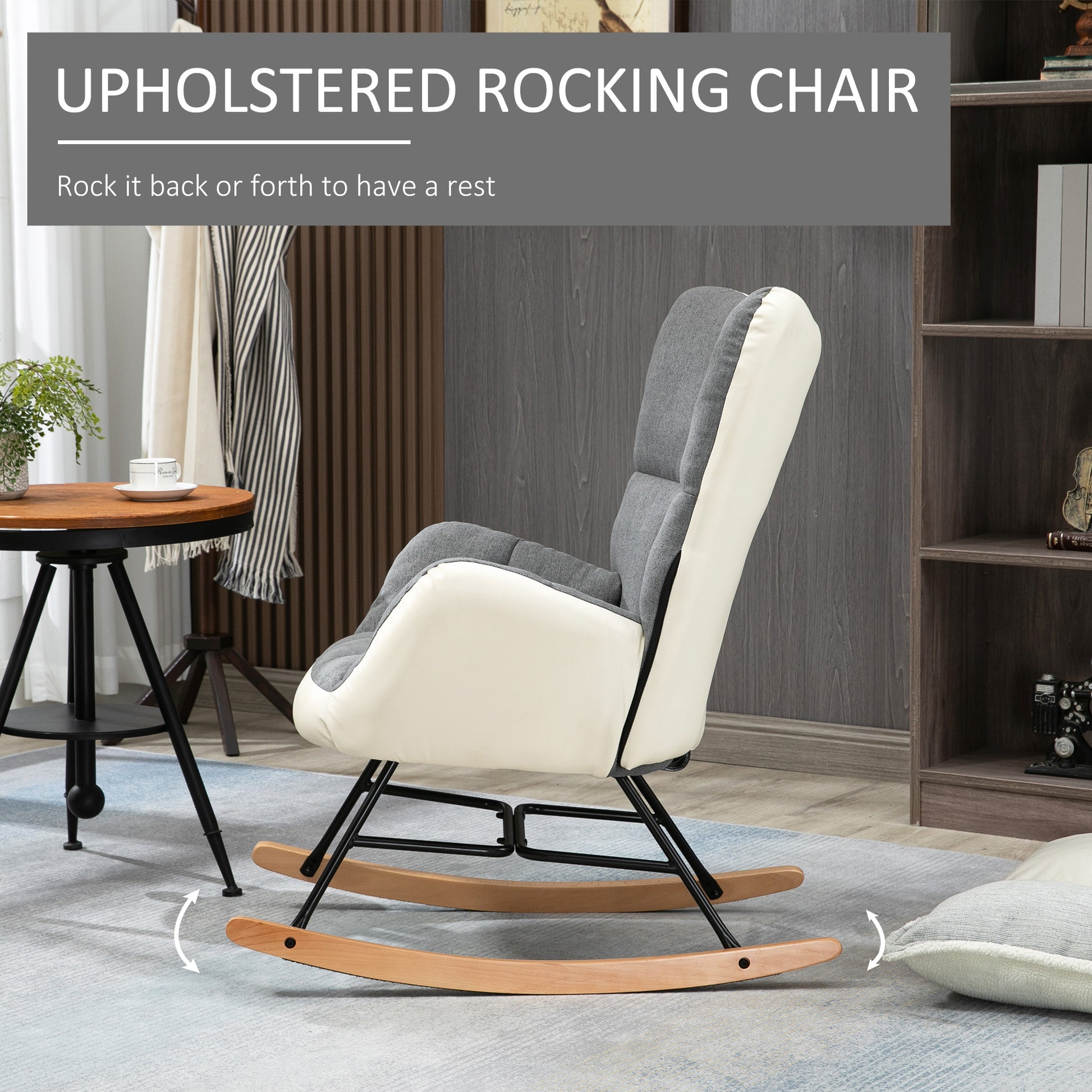 Rocking Chair for Nursery, Upholstered Wingback Armchair with Steel and Wood Legs for Living Room, Bedroom, Balcony, Grey and Cream | HOMCOM-2