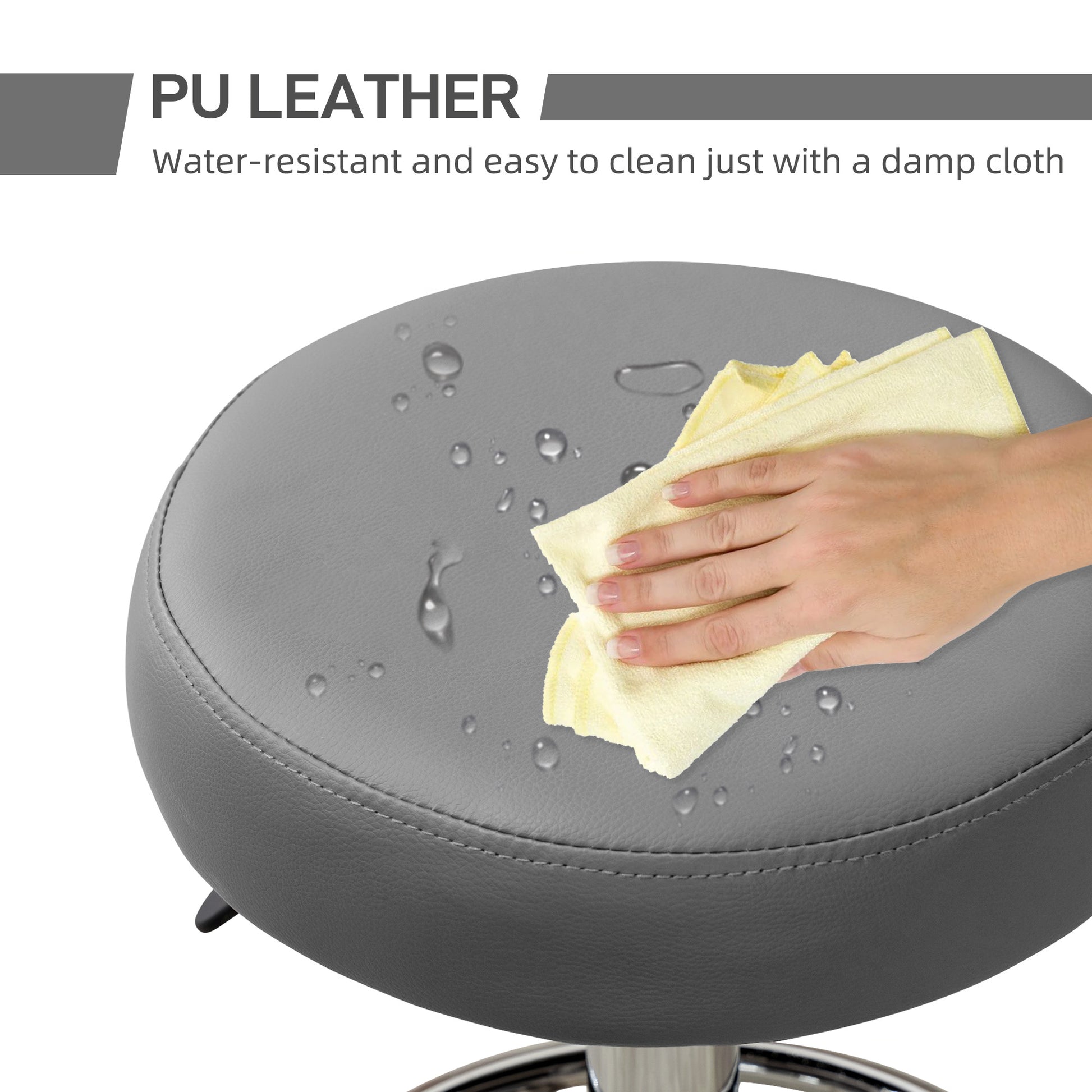 PU Leather Rolling Stool, Height Adjustable Stool Chair with Wheels for Salon, Massage, Spa, Grey | Vinsetto-4