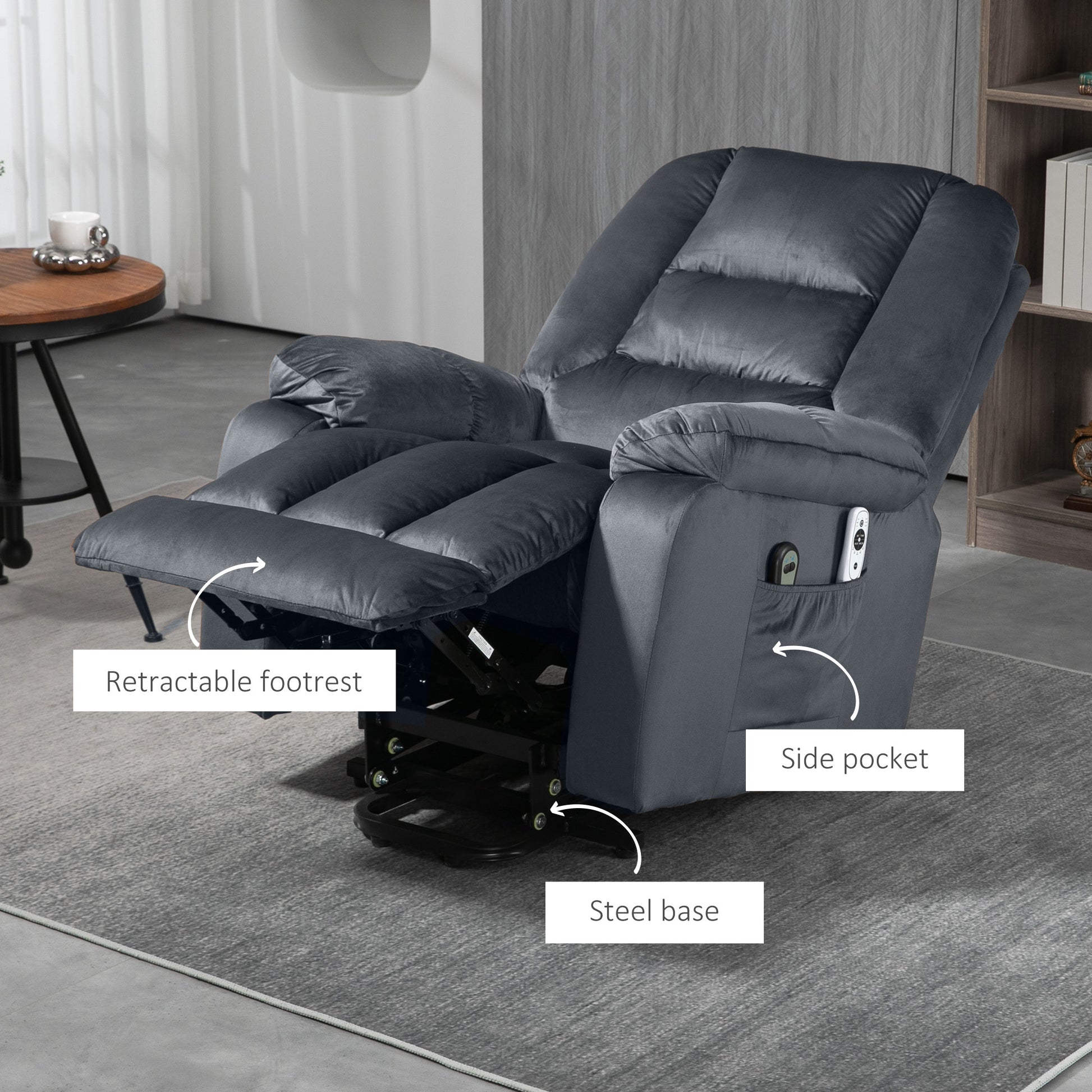 Lift Chair, Quick Assembly, Electric Riser and Recliner Chair with Vibration Massage, Heat, Side Pockets, Grey | HOMCOM-7