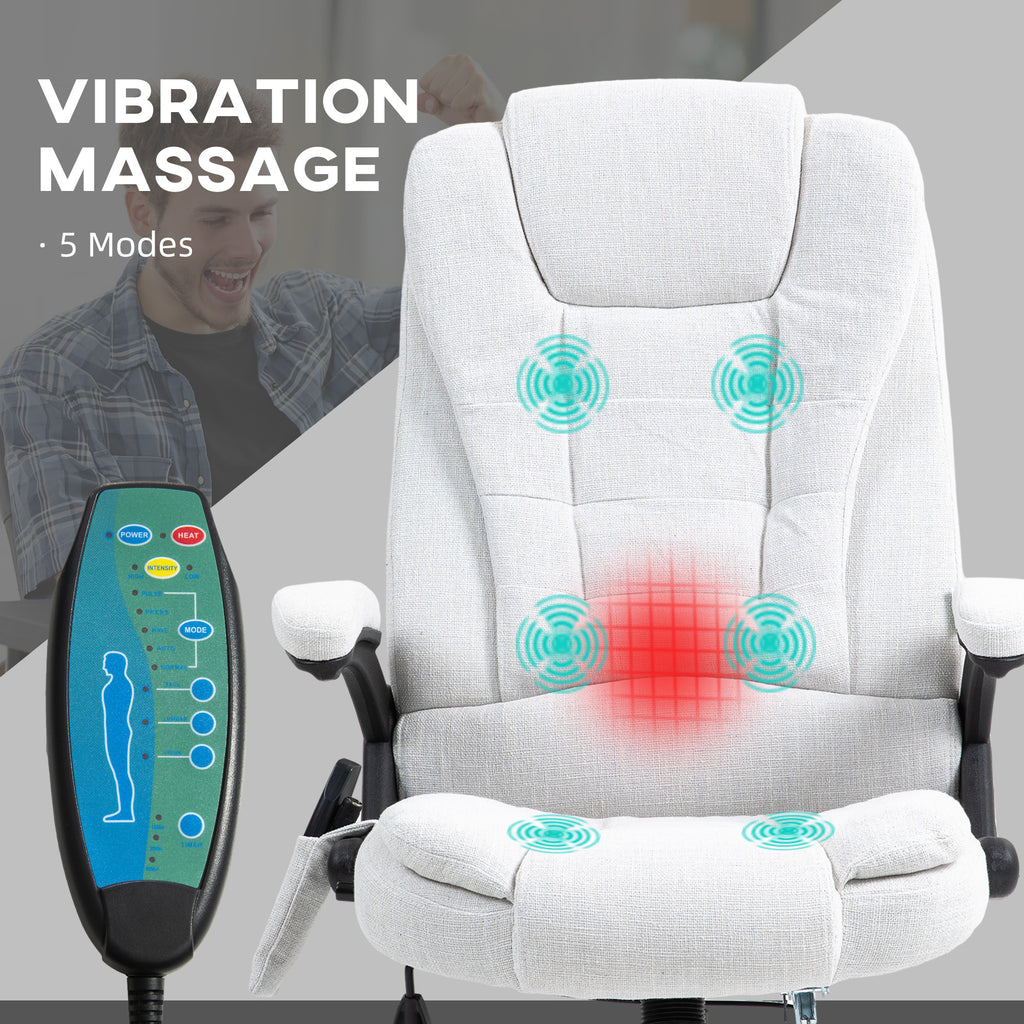 Vinsetto Massage Office Chair with 6 Heated Vibration Points, Executive Office Chair with Linen-Feel Fabric 360°, Swivel Wheels in Cream White-2