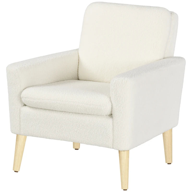 Modern Armchair, Upholstered Accent Chair with Wood Legs and Wide Padded Seat, Teddy Occasional Chair, Cream White | HOMCOM-0