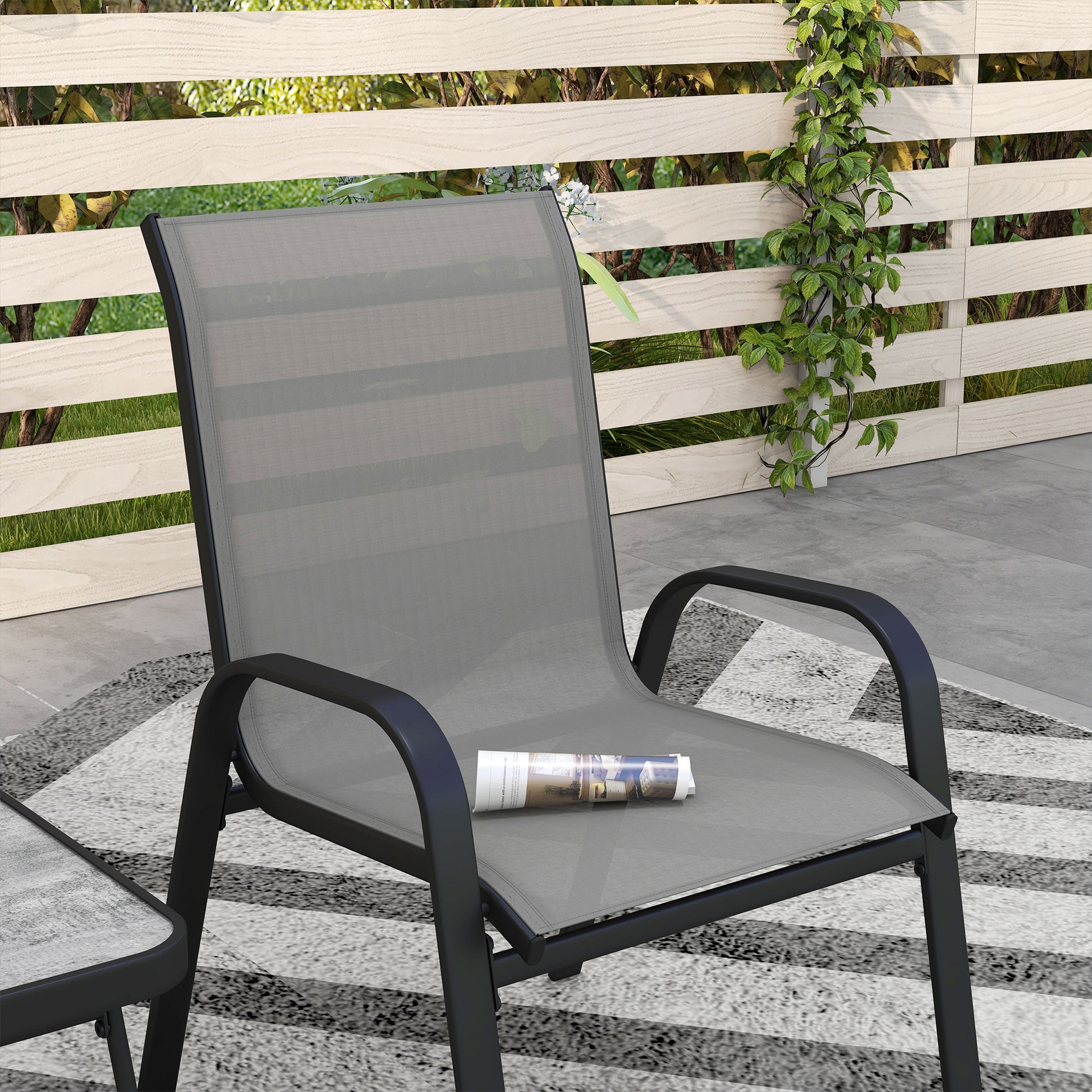 Outsunny 3 Pieces Outdoor Bistro Set, Patio Stackable Armchairs with Breathable Mesh Fabric and SPC Board Coffee Table, Light Grey-6