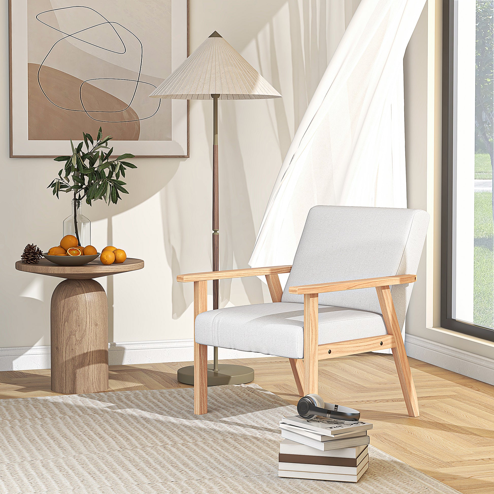 Accent Occasional Chair with Wood Frame, Thick Linen Cushions Wide Seat Armchair Home Furniture Bedroom Office, Cream White by HOMCOM-8