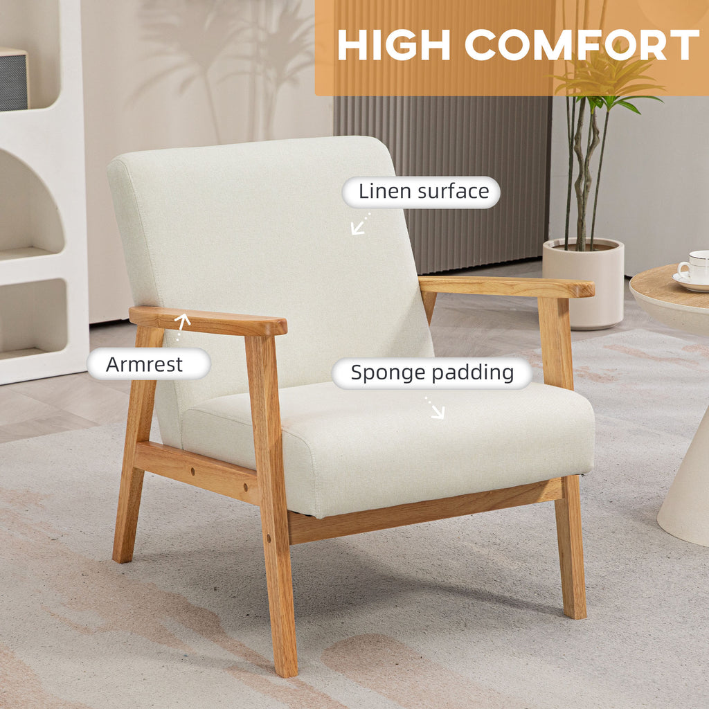 HOMCOM Fabric Accent Chair for Living Room, Arm Chair with Rubber Wood Frame and Padded Cushion in Cream White-2