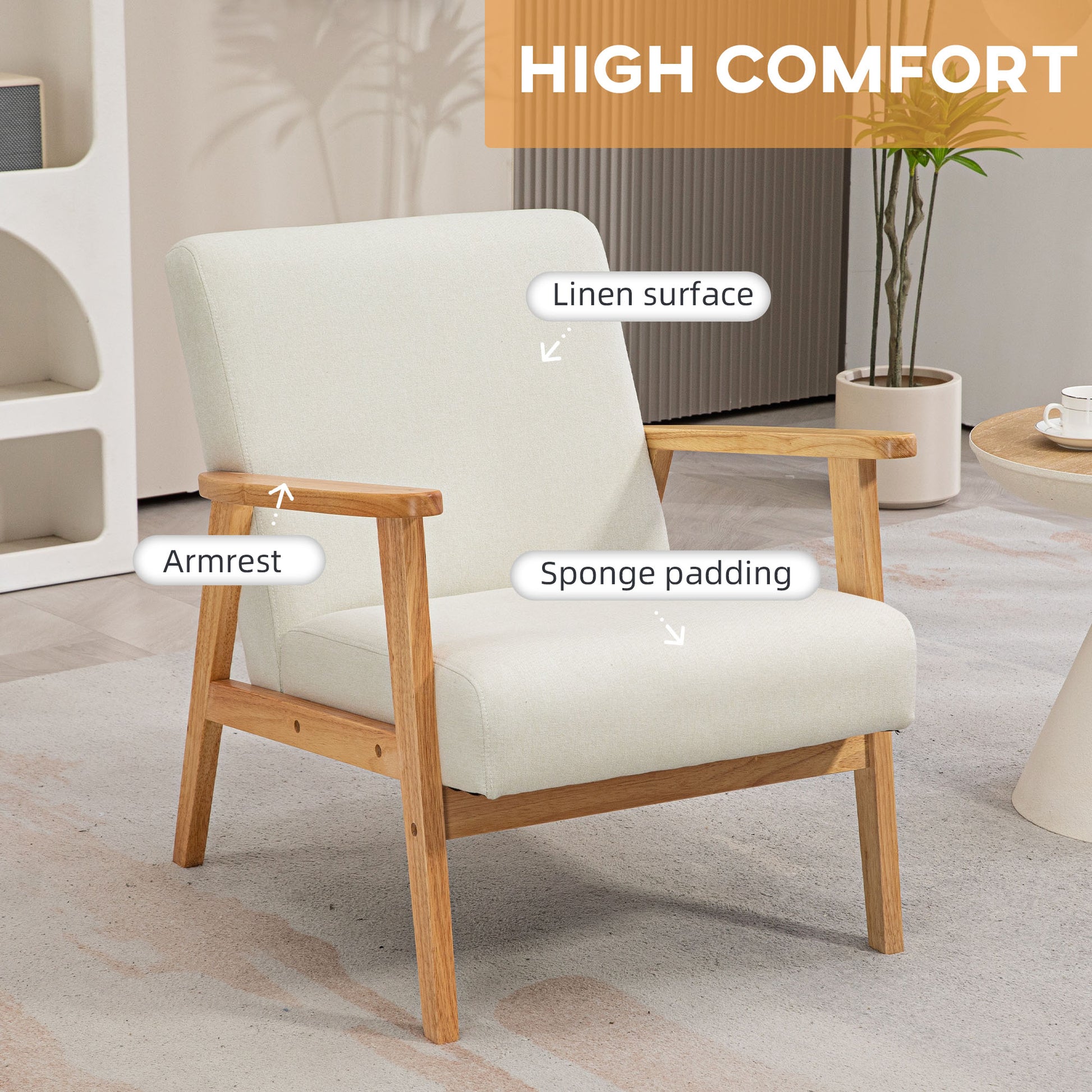 HOMCOM Fabric Accent Chair for Living Room, Arm Chair with Rubber Wood Frame and Padded Cushion in Cream White-2