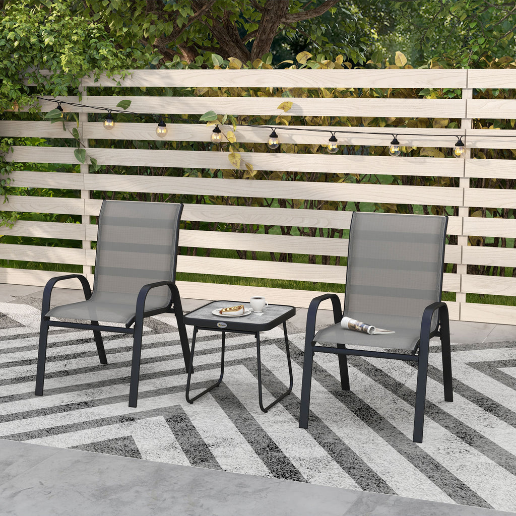 Outsunny 3 Pieces Outdoor Bistro Set, Patio Stackable Armchairs with Breathable Mesh Fabric and SPC Board Coffee Table, Light Grey-8