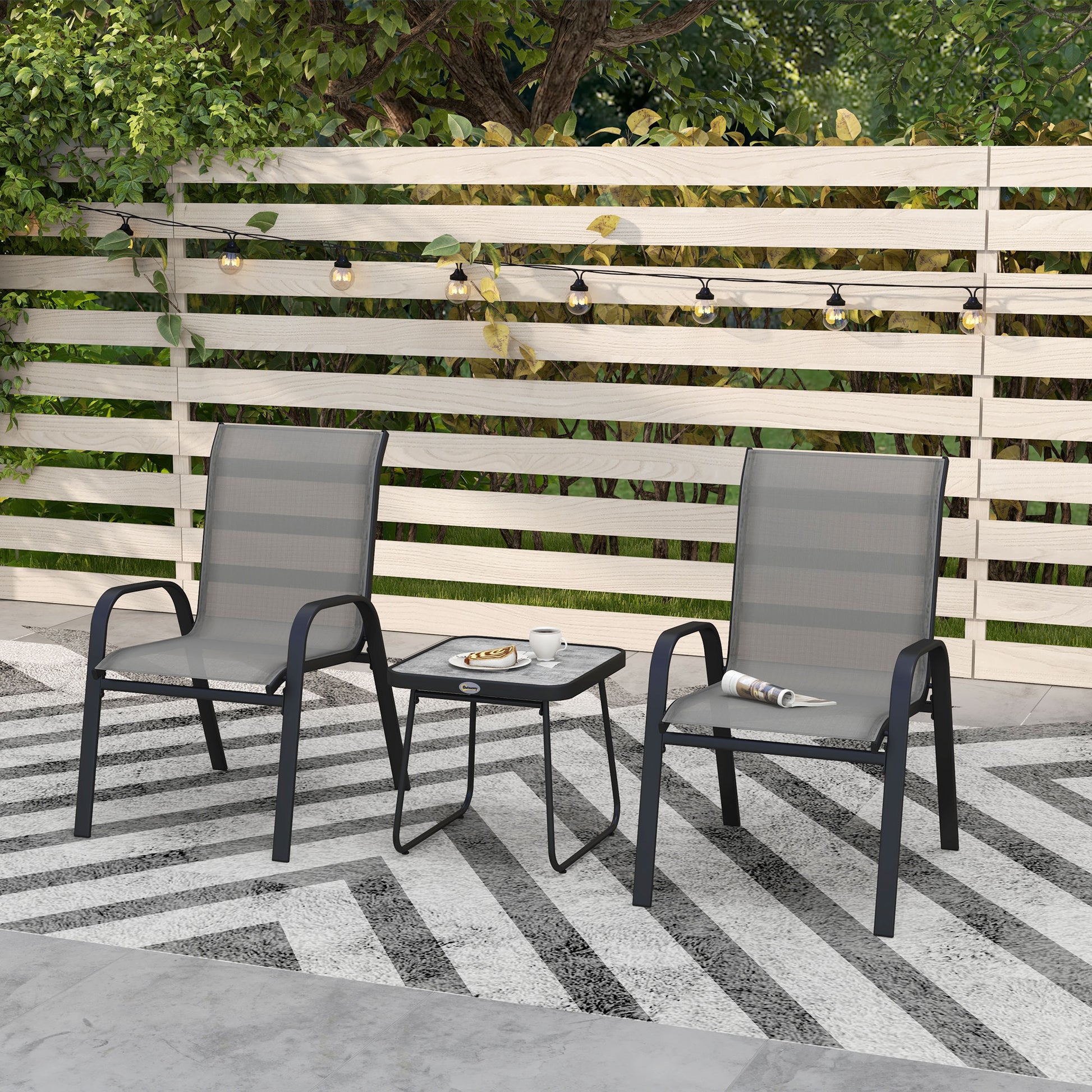 Outsunny 3 Pieces Outdoor Bistro Set, Patio Stackable Armchairs with Breathable Mesh Fabric and SPC Board Coffee Table, Light Grey-8