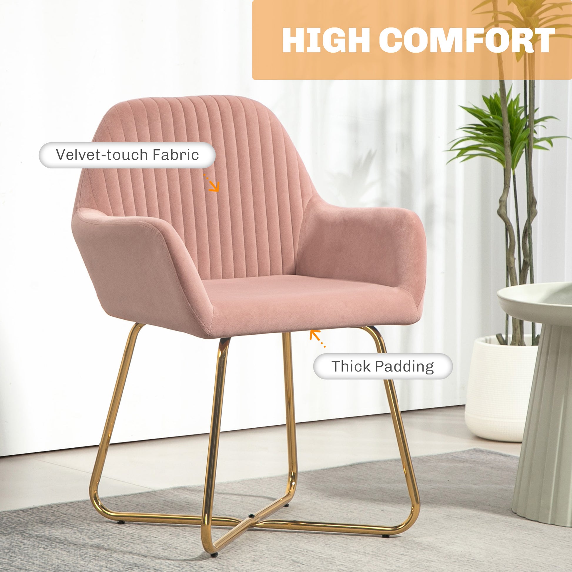 HOMCOM Modern Arm Chair Upholstered Accent Chair with Metal Base for Living Room in Pink-3