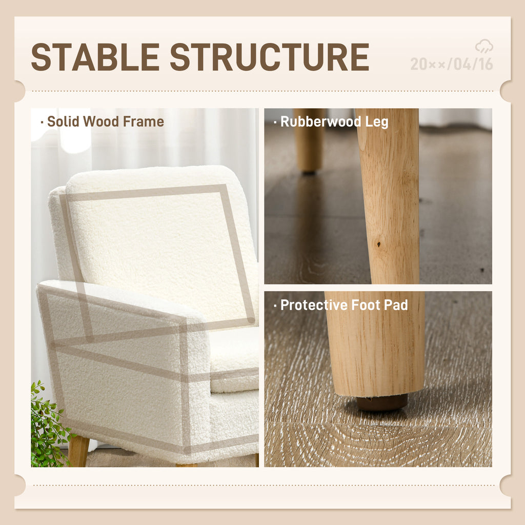 Modern Armchair, Upholstered Accent Chair with Wood Legs and Wide Padded Seat, Teddy Occasional Chair, Cream White | HOMCOM-3