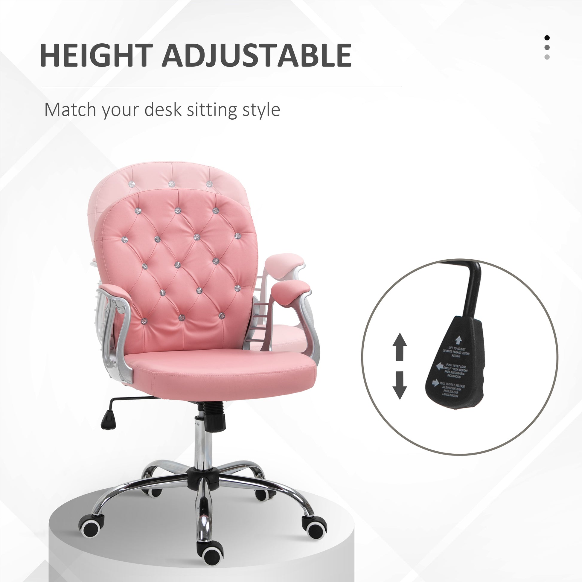 Pink Computer Desk Chair with 360° Swivel, PU Diamante Padded, Base 5 Castor Wheels, Ergonomic Desk Chair by Vinsetto-2
