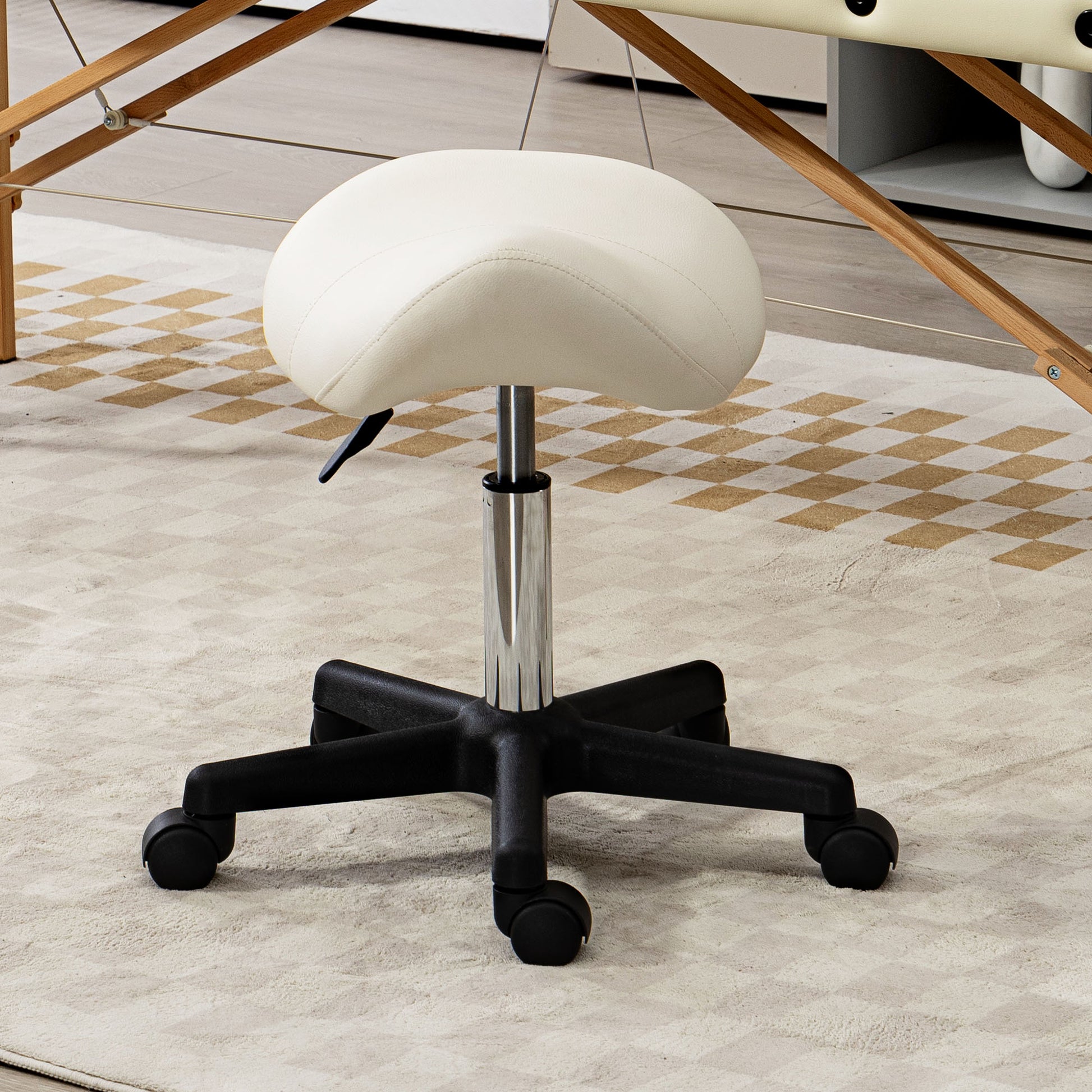 Saddle Stool, PU Leather Adjustable Rolling Salon Chair with Steel Frame for Massage, Spa, Beauty and Tattoo, White | HOMCOM-5