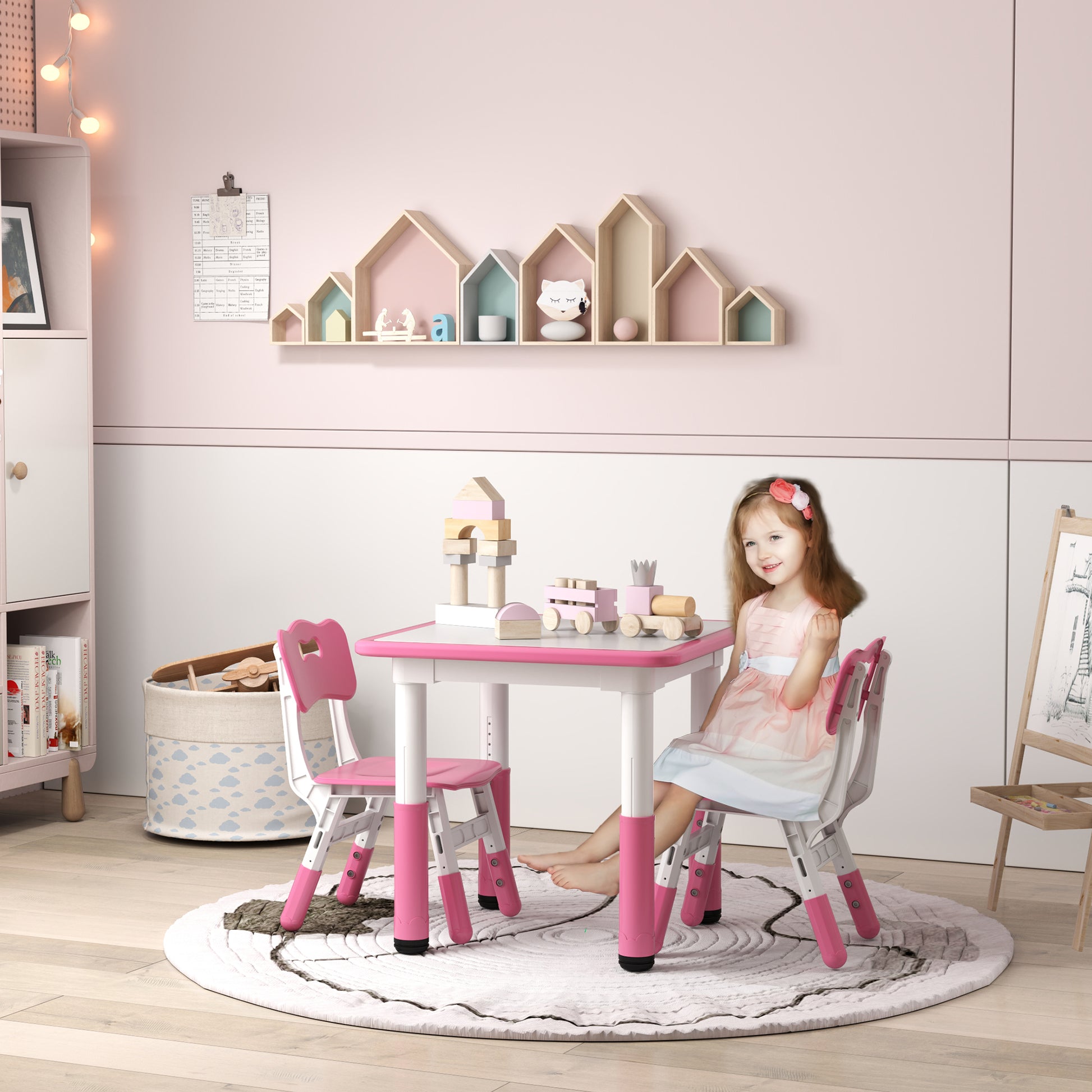 Height Adjustable Toddler Table and Chair Set, 3 Pcs Children Activity Table w/ 2 Chairs, for Playroom, Bedroom - Pink by AIYAPLAY-8