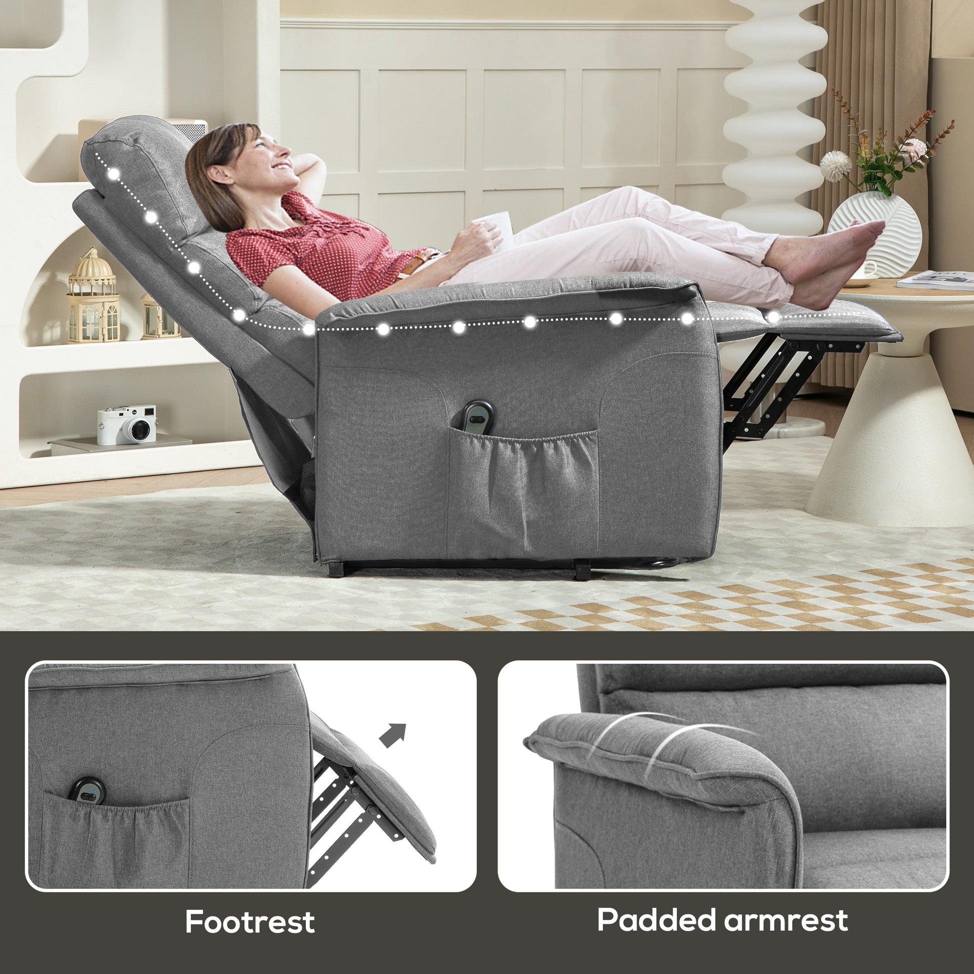 Electric Power Lift Recliner Chair with Spring Pack Seat, Fabric Recliner Armchair for Elderly w/ Footrest, Pockets | HOMCOM-6
