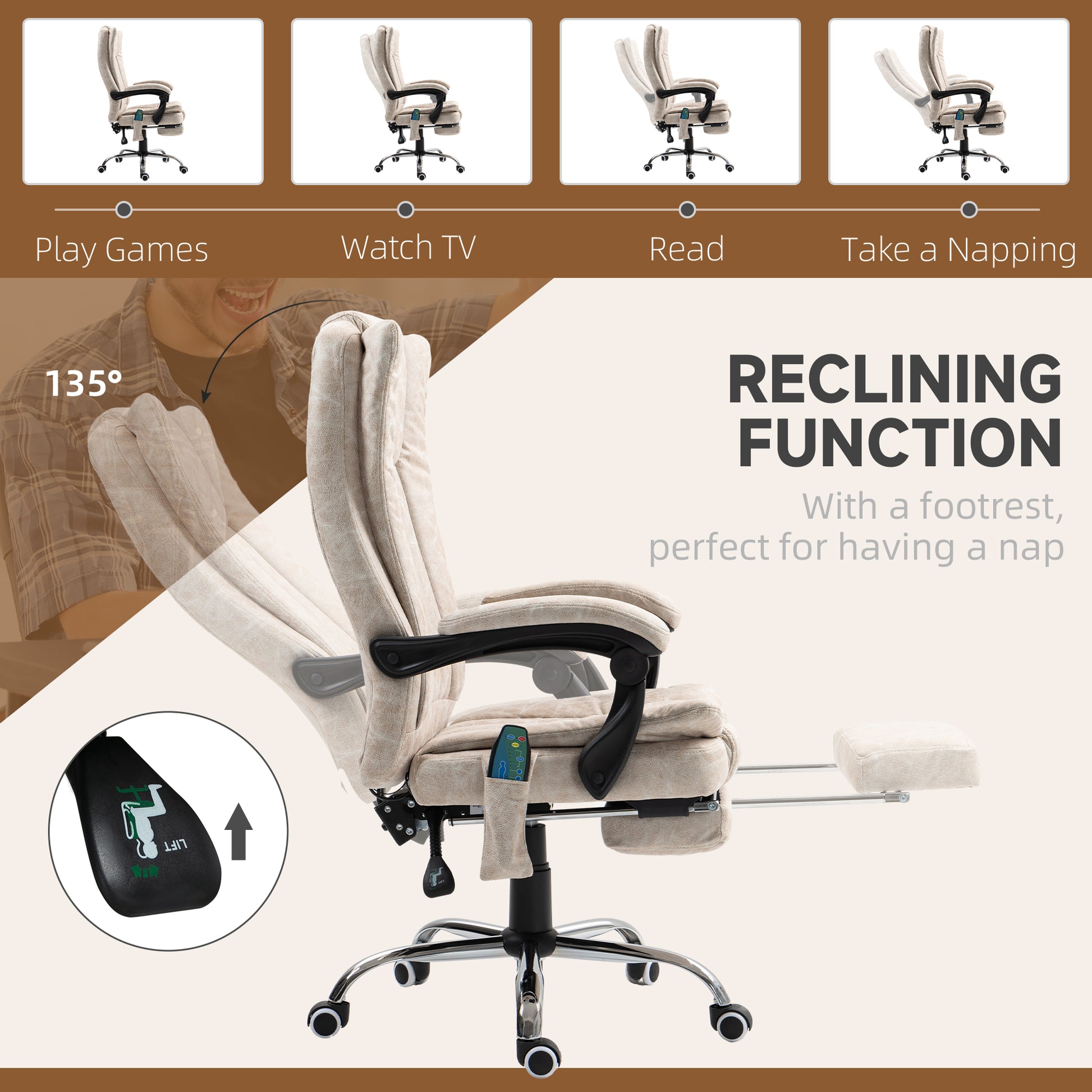 Vibrating Massage Office Chair with Heat, Executive Office Chair with Height Adjustable and Footrest, Cream White | Vinsetto-7