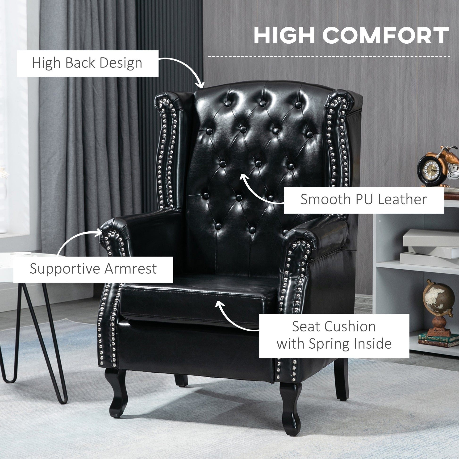 Chesterfield-style Wingback Accent Chair, Single Sofa Tufted Armchair with Nail Head Trim for Living Room Bedroom in Black | HOMCOM-2