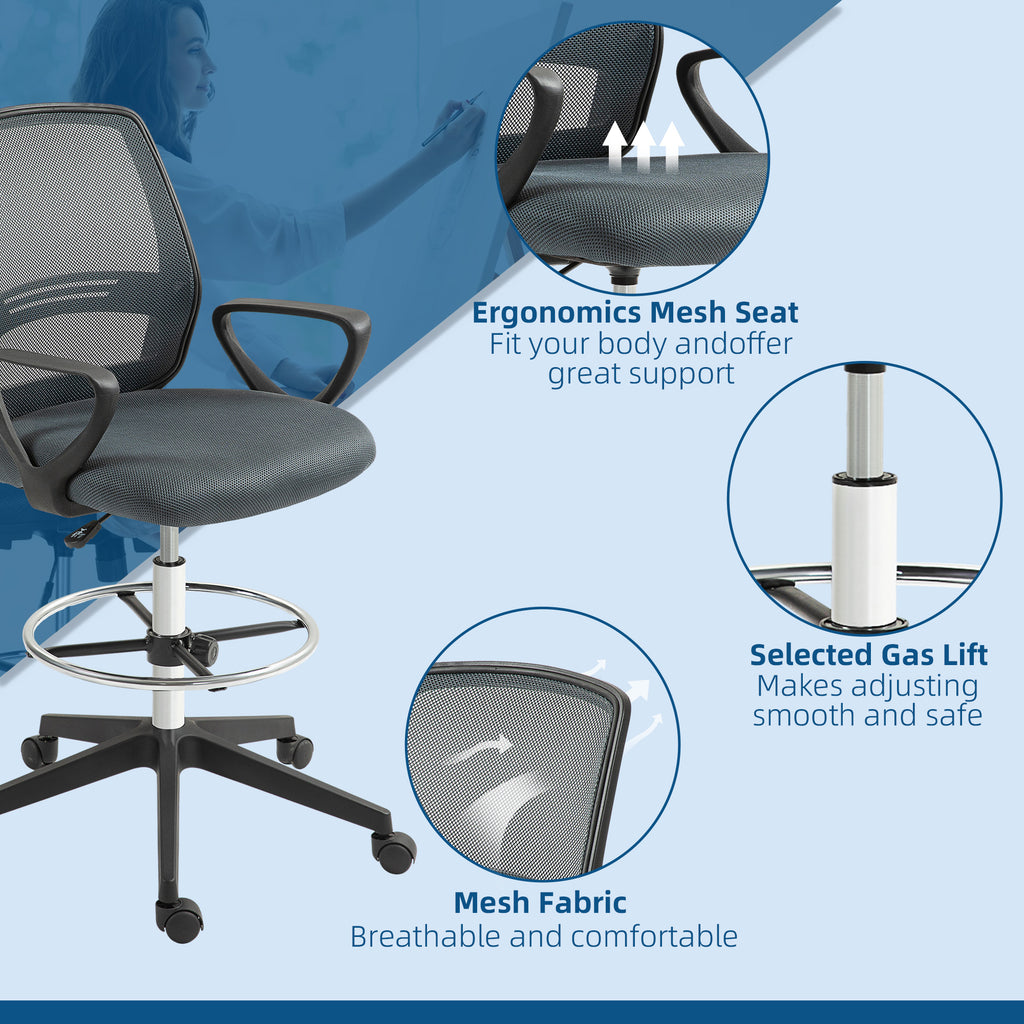 Vinsetto Ergonomic Mesh Back Drafting Chair Draughtsman Chair with Adjustable Height in Grey-6