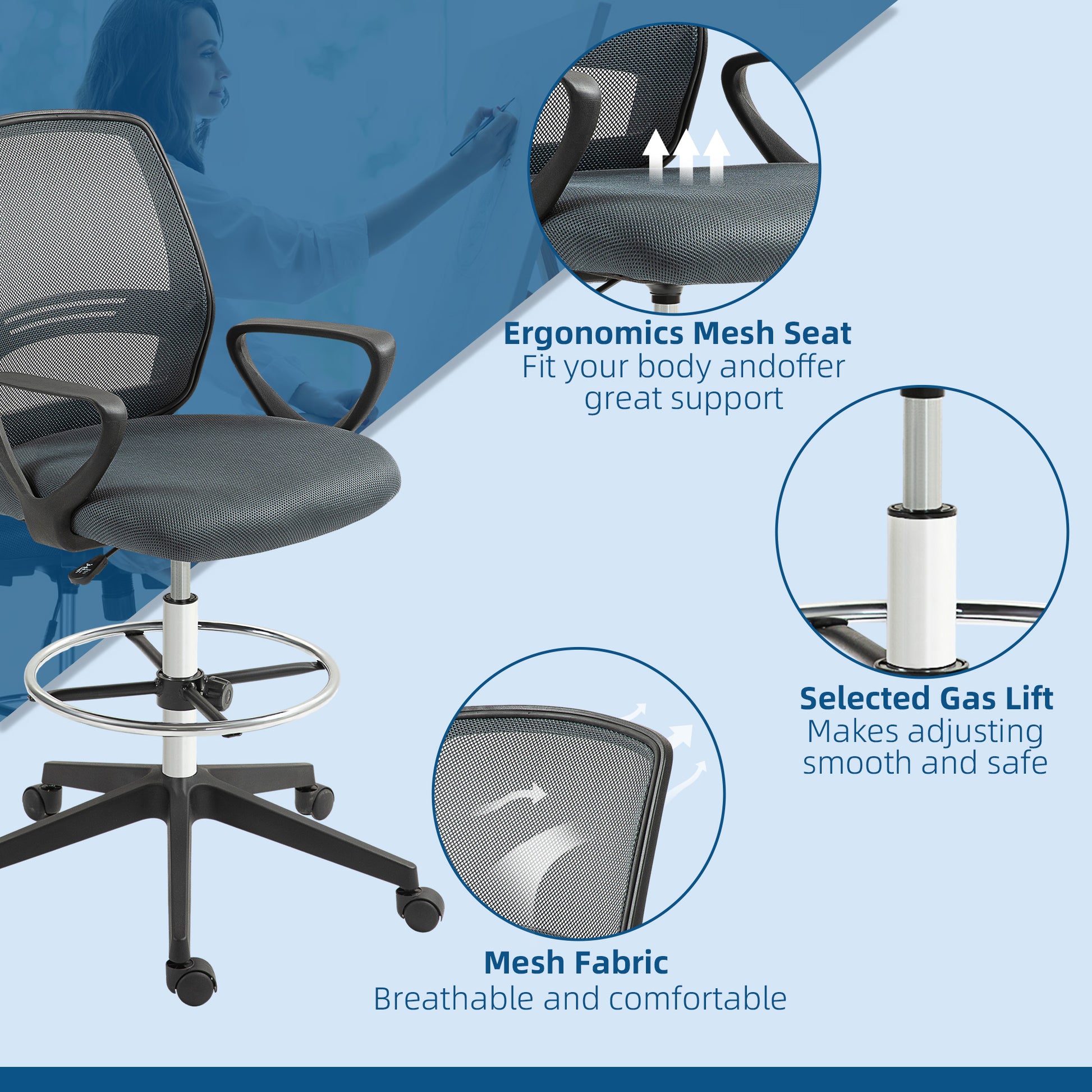 Vinsetto Ergonomic Mesh Back Drafting Chair Draughtsman Chair with Adjustable Height in Grey-6