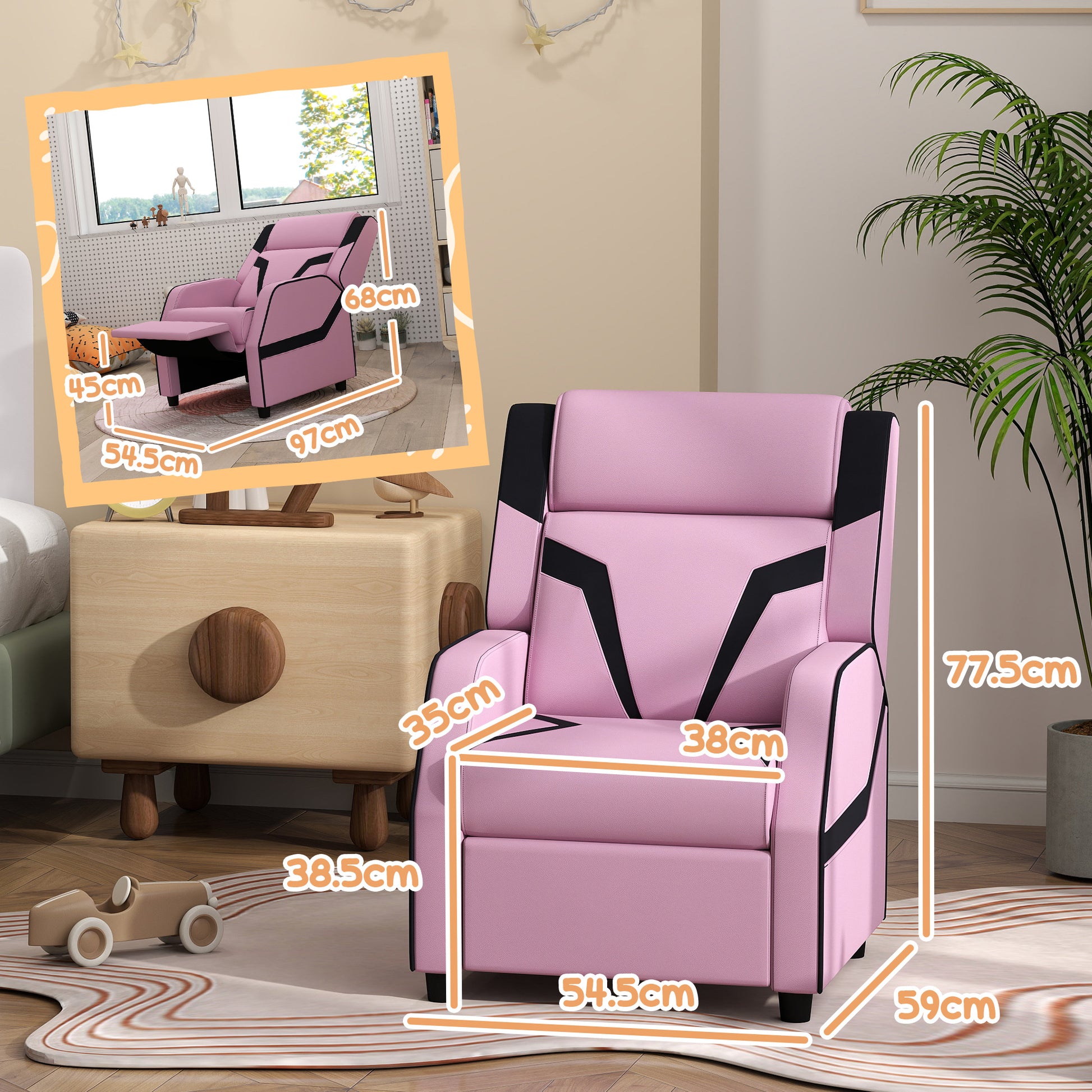 Pink Kids Reclining Chair with Backrest, Armrest, Footrest, PU Leather, for 3-9 Years Old by AIYAPLAY-1