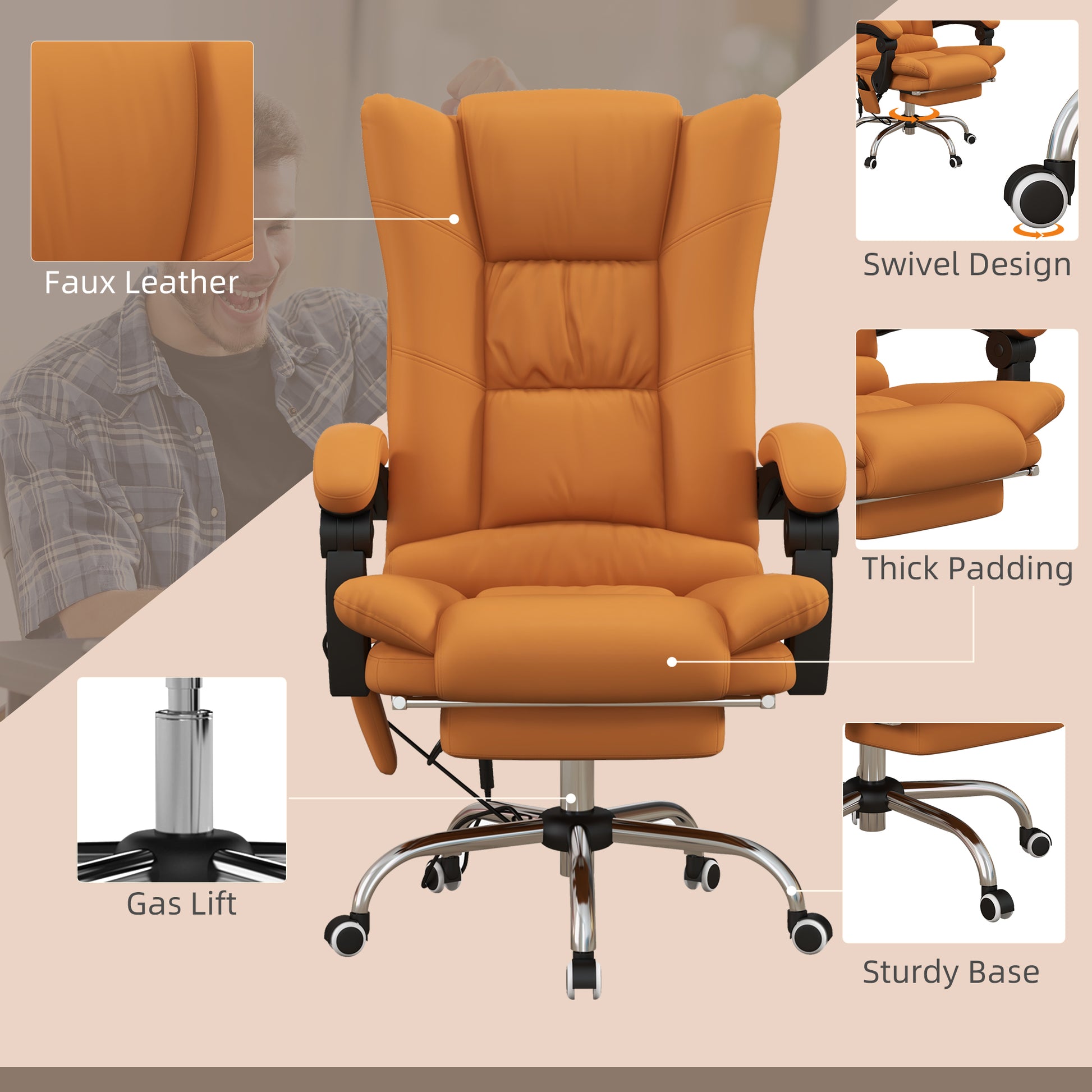 Light Brown Vibration Massage Office Chair with Heat, PU Leather Computer Chair with Footrest, Armrest, Reclining Back by Vinsetto-3