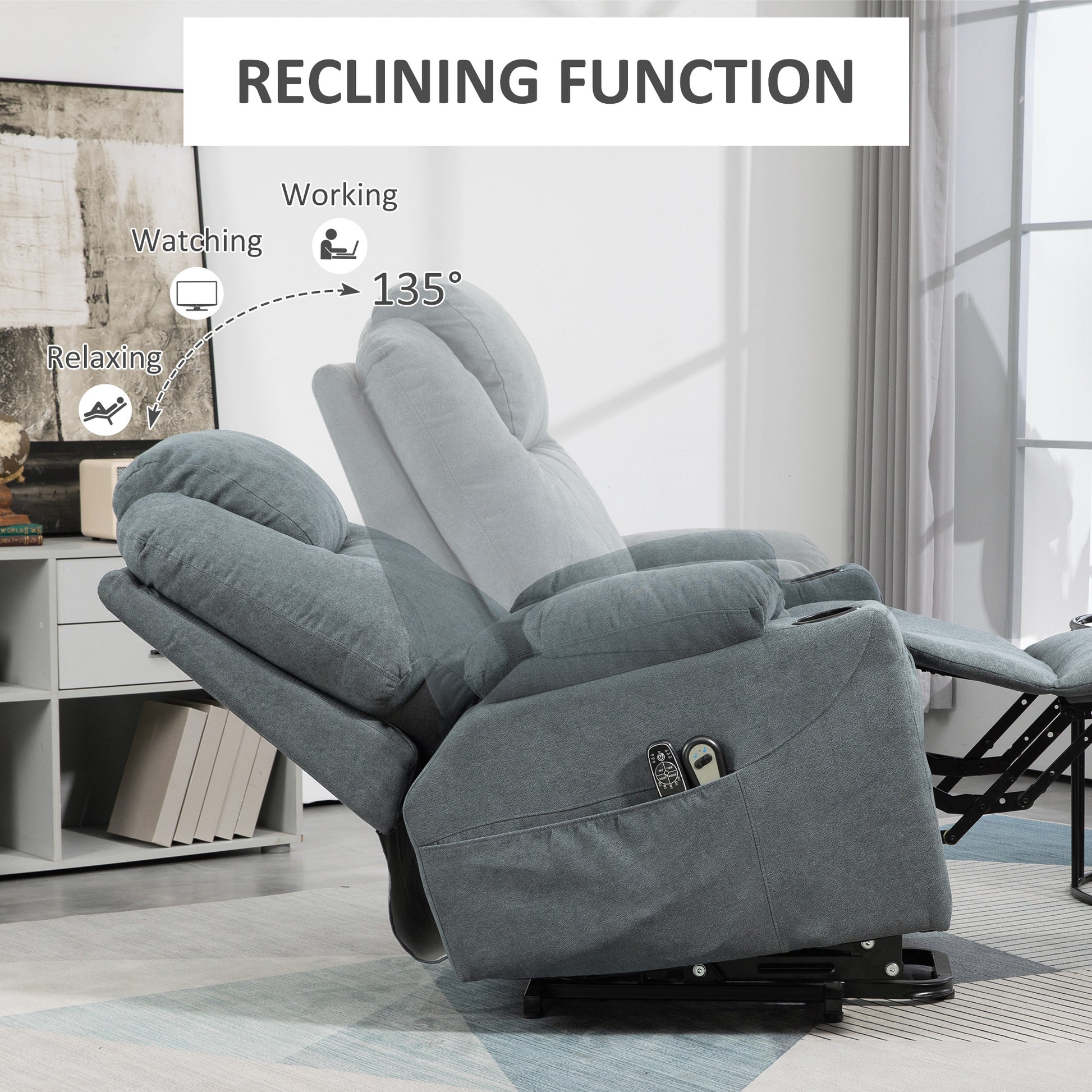 HOMCOM Charcoal Grey Lift Chair, Quick Assembly, Riser and Recliner Chair with Vibration Massage, Heat, Cup Holders-3