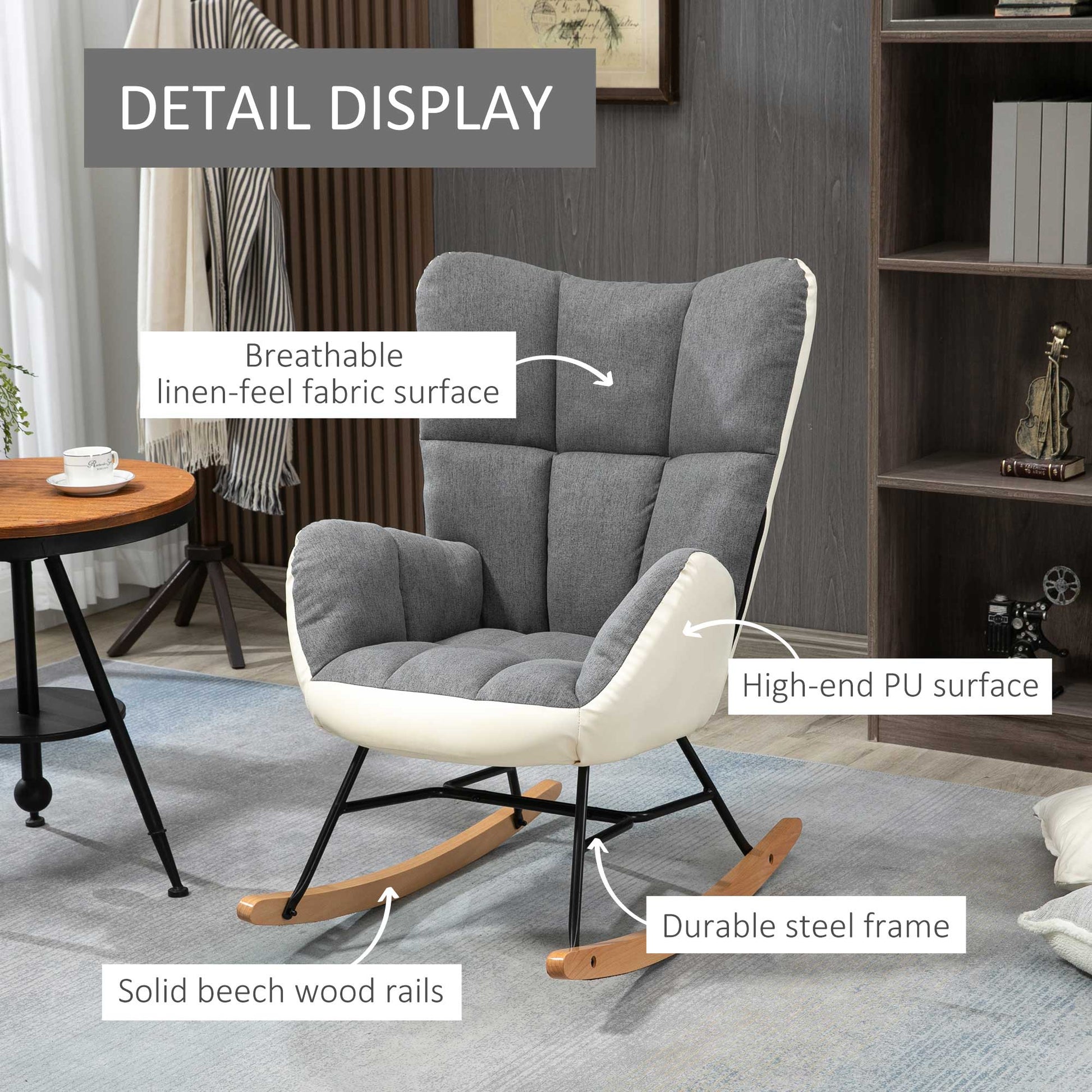 Rocking Chair for Nursery, Upholstered Wingback Armchair with Steel and Wood Legs for Living Room, Bedroom, Balcony, Grey and Cream | HOMCOM-4