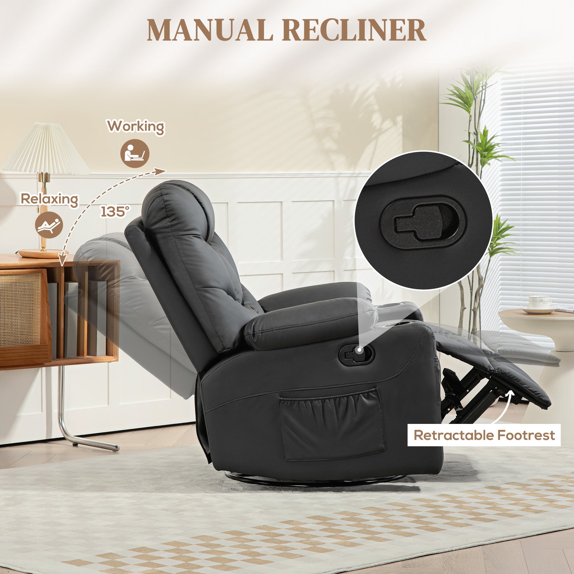HOMCOM Manual Reclining Chair, Recliner Armchair with Swivel, Faux Leather, Footrest, Cup Holders, 86x93x102cm in Black-2