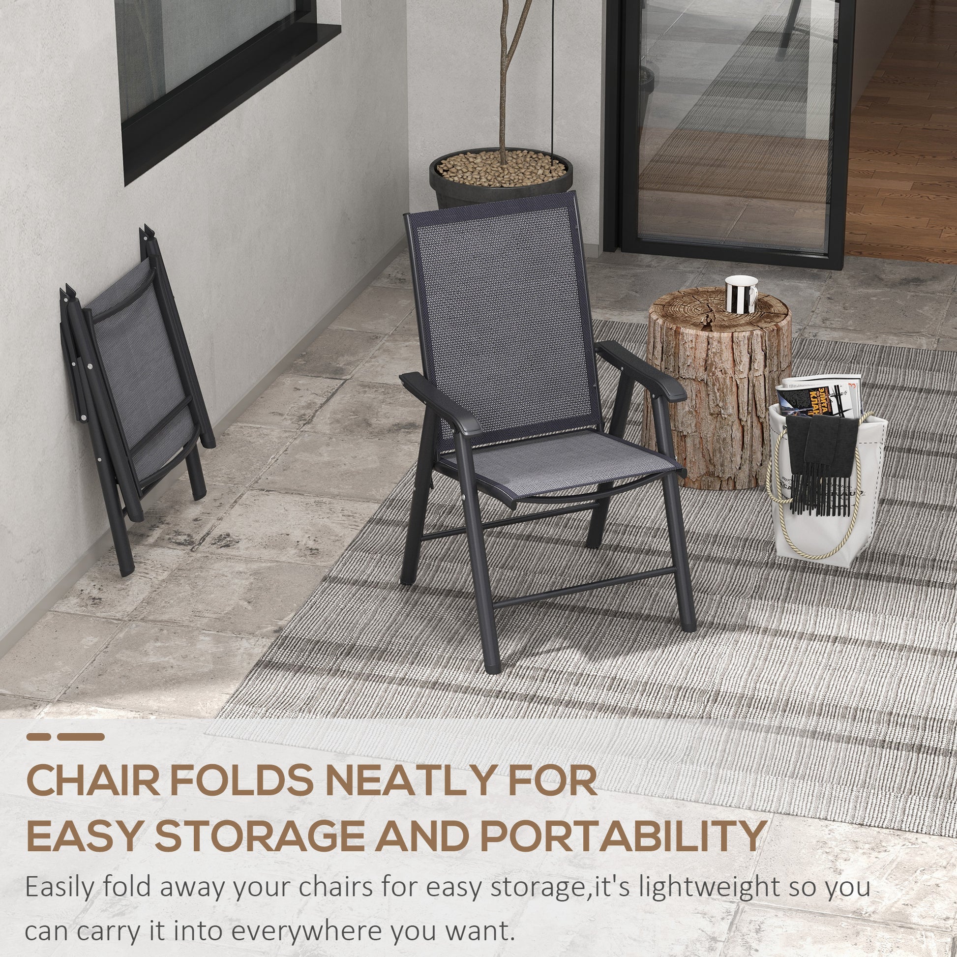 Set of 4 Folding Garden Chairs, Metal Frame Garden Chairs Outdoor Patio Park Dining Seat with Breathable Mesh Seat, Dark Grey by Outsunny-3