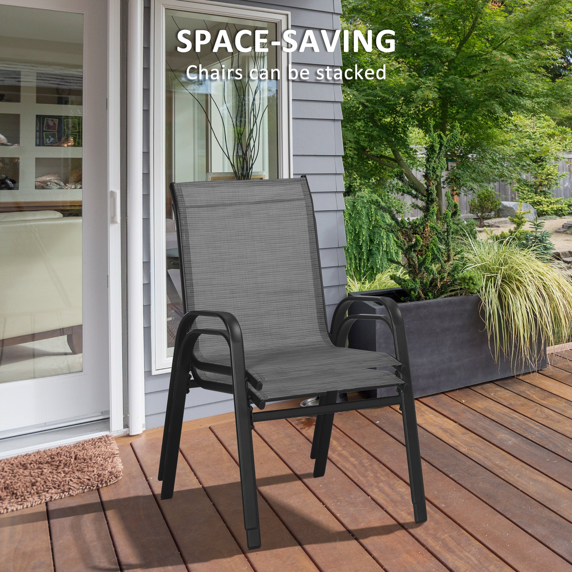Outsunny 3 Pieces Outdoor Bistro Set, Patio Stackable Armchairs with Breathable Mesh Fabric and SPC Board Coffee Table, Light Grey-5
