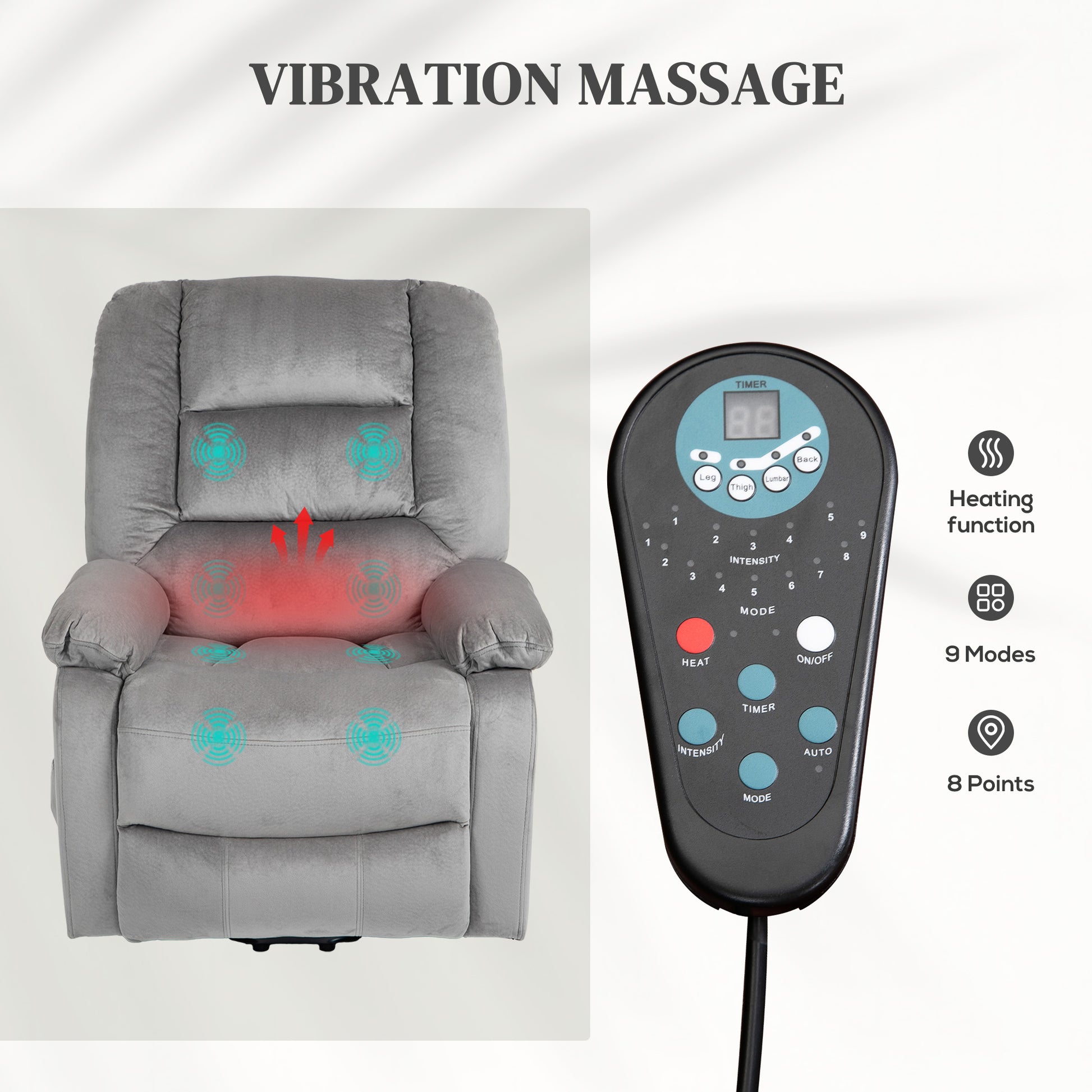 Electric Riser and Recliner Chair with Vibration Massage, Heat, Side Pocket, Grey by HOMCOM-3