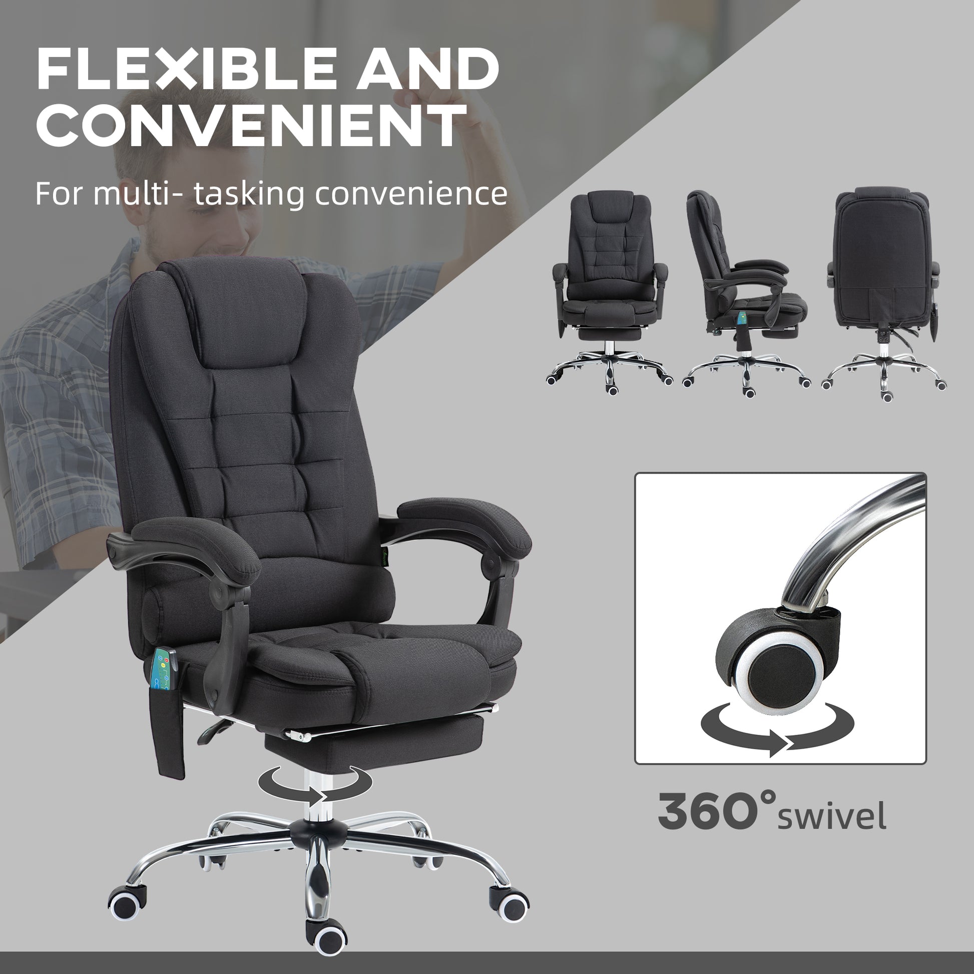 6-Points Executive Office Chair, Ergonomic Heated Vibration Massage Office Chair, Desk Chair w/ Reclining Back, Footrest, Black | Vinsetto-5