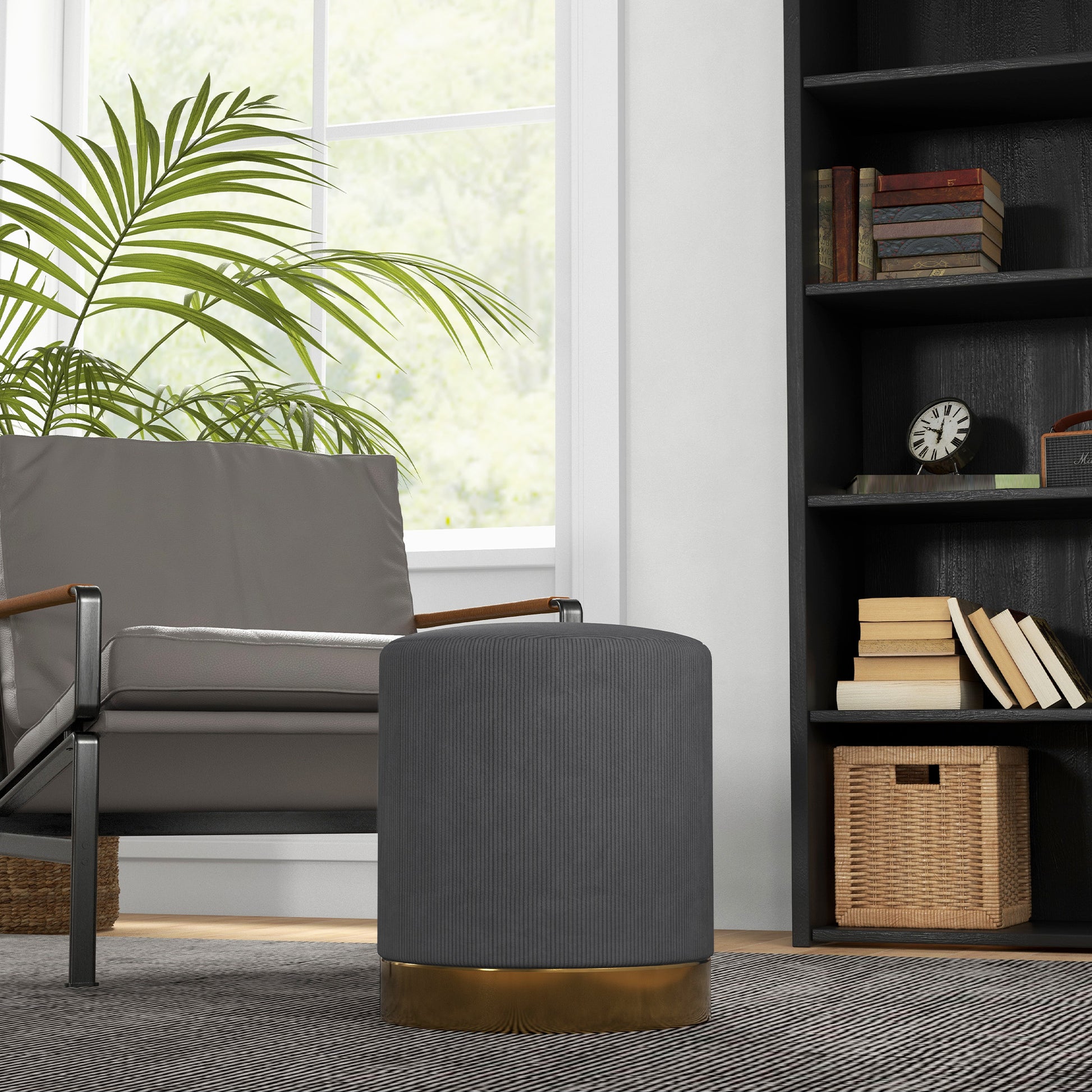 HOMCOM Soft Padded Corduroy Footstool in Charcoal Grey-5