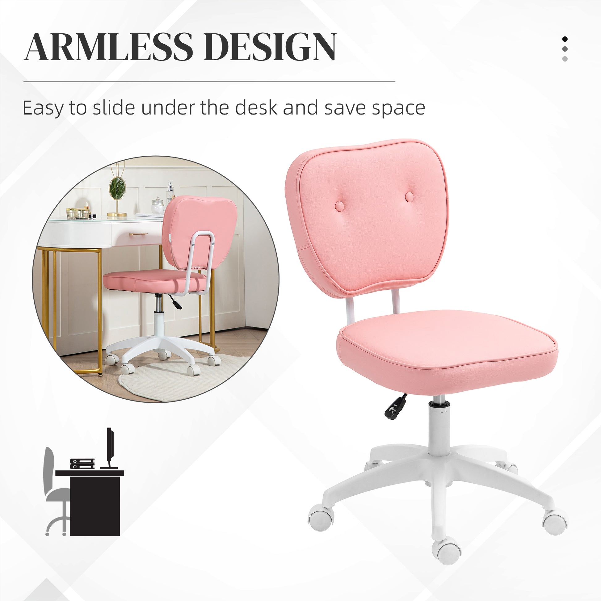 Vanity Office Chair, PU Leather Computer Chair for Home, with Adjustable Height, Armless, Swivel Wheels, Pink by Vinsetto-4