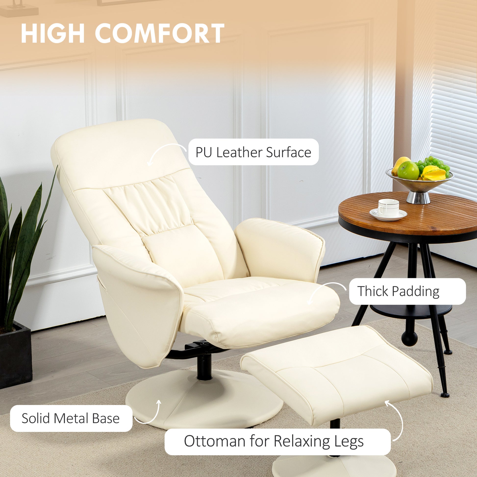 Swivel Recliner Chair with Footstool, PU Leather Armchair and Ottoman with High Back and Round Base for Living Room, Cream White | HOMCOM-4