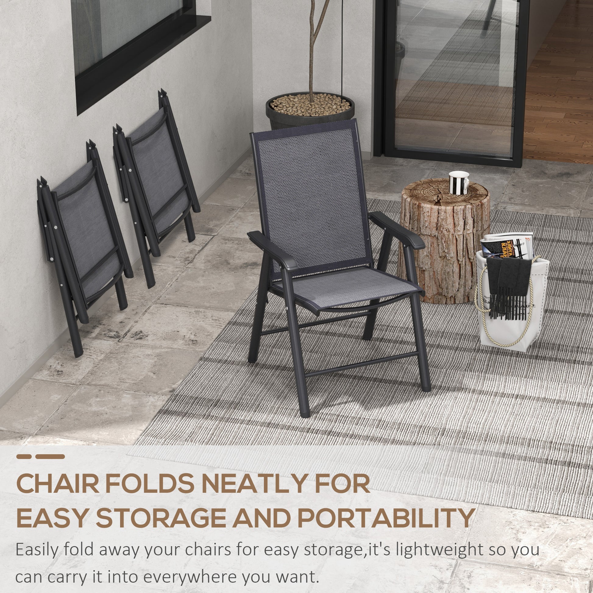 Set of 6 Folding Garden Chairs, Metal Frame Garden Chairs Outdoor Patio Park Dining Seat with Breathable Mesh Seat, Dark Grey by Outsunny-3