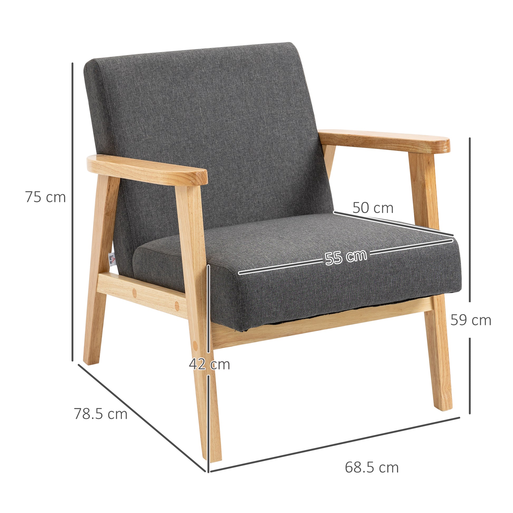 Fabric Accent Chair for Living Room, Armchair with Rubber Wood Frame and Padded Cushion in Dark Grey | HOMCOM-1