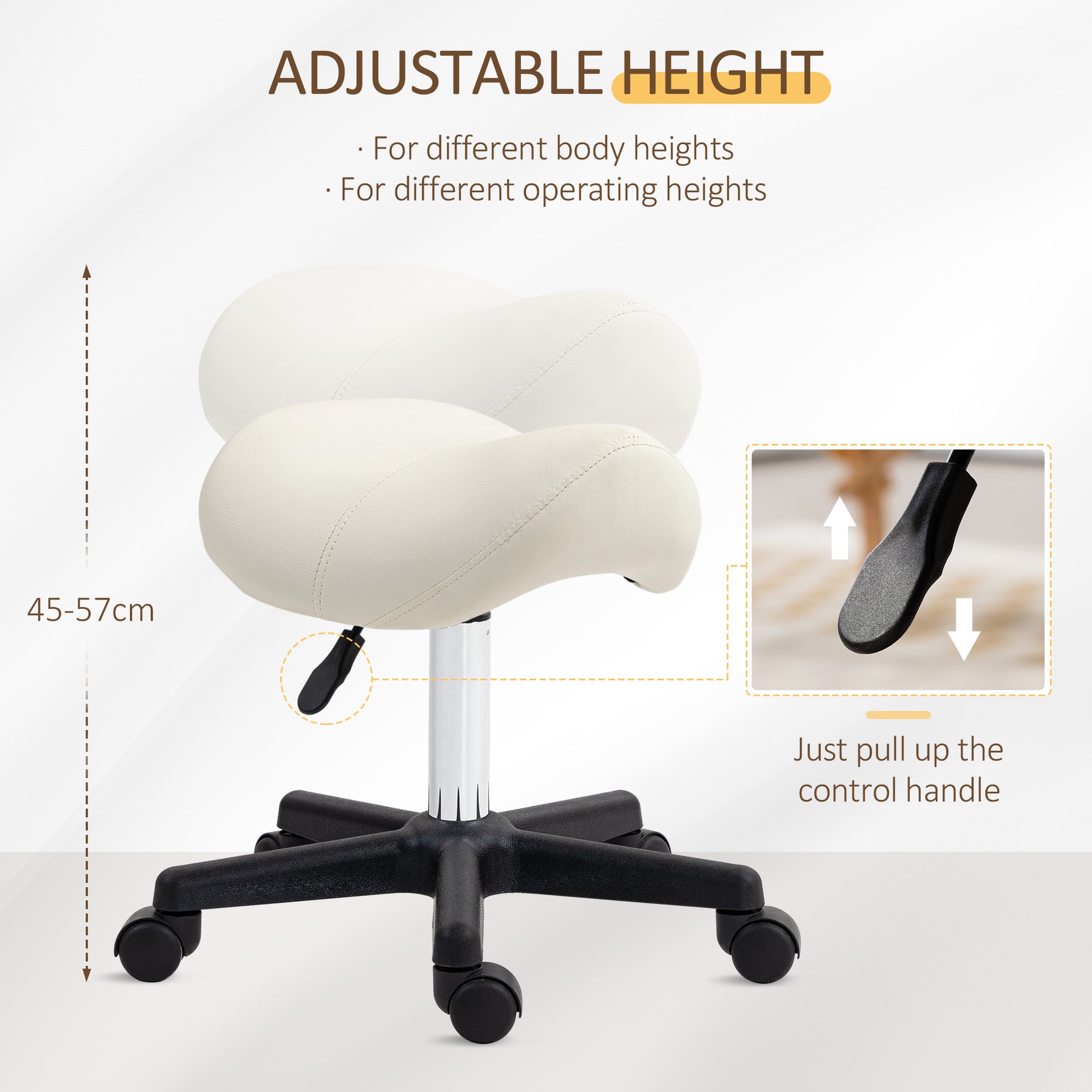Saddle Stool, PU Leather Adjustable Rolling Salon Chair with Steel Frame for Massage, Spa, Beauty and Tattoo, White | HOMCOM-2