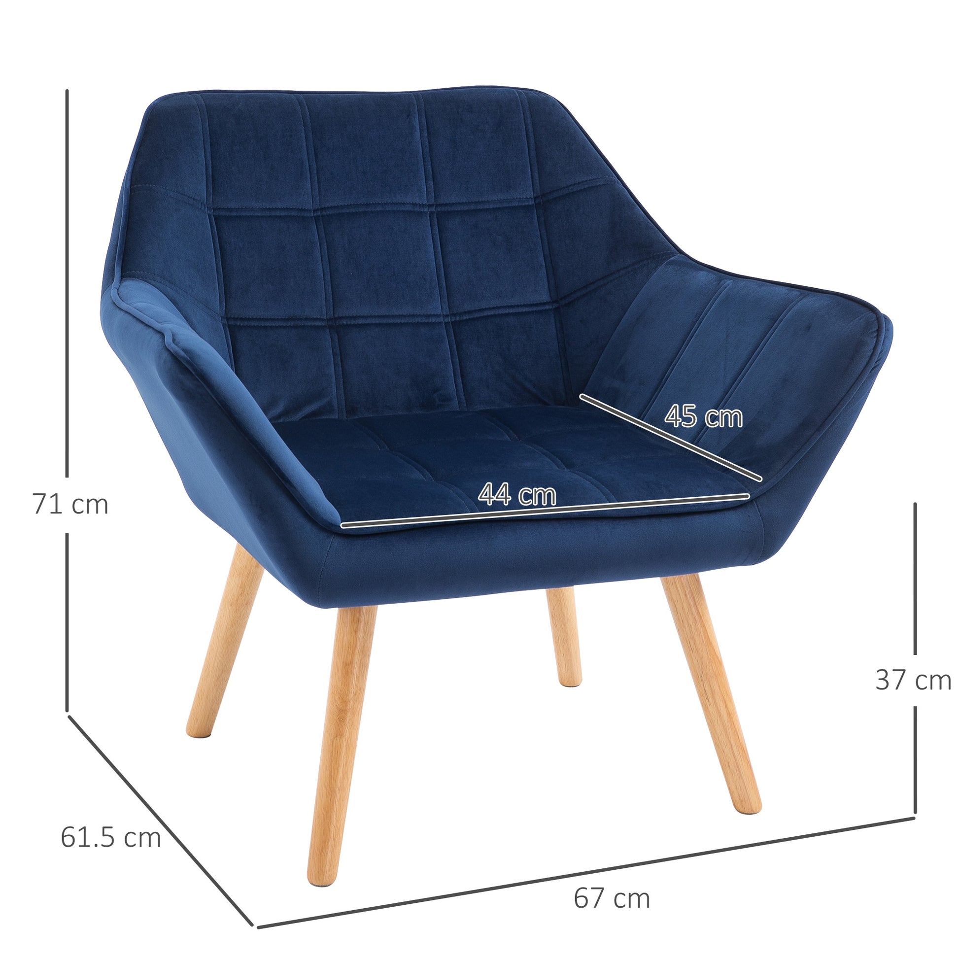 Home Accent Armchair Wide Arms Slanted Back Padding Iron Frame Wooden Legs in Blue | HOMCOM-1