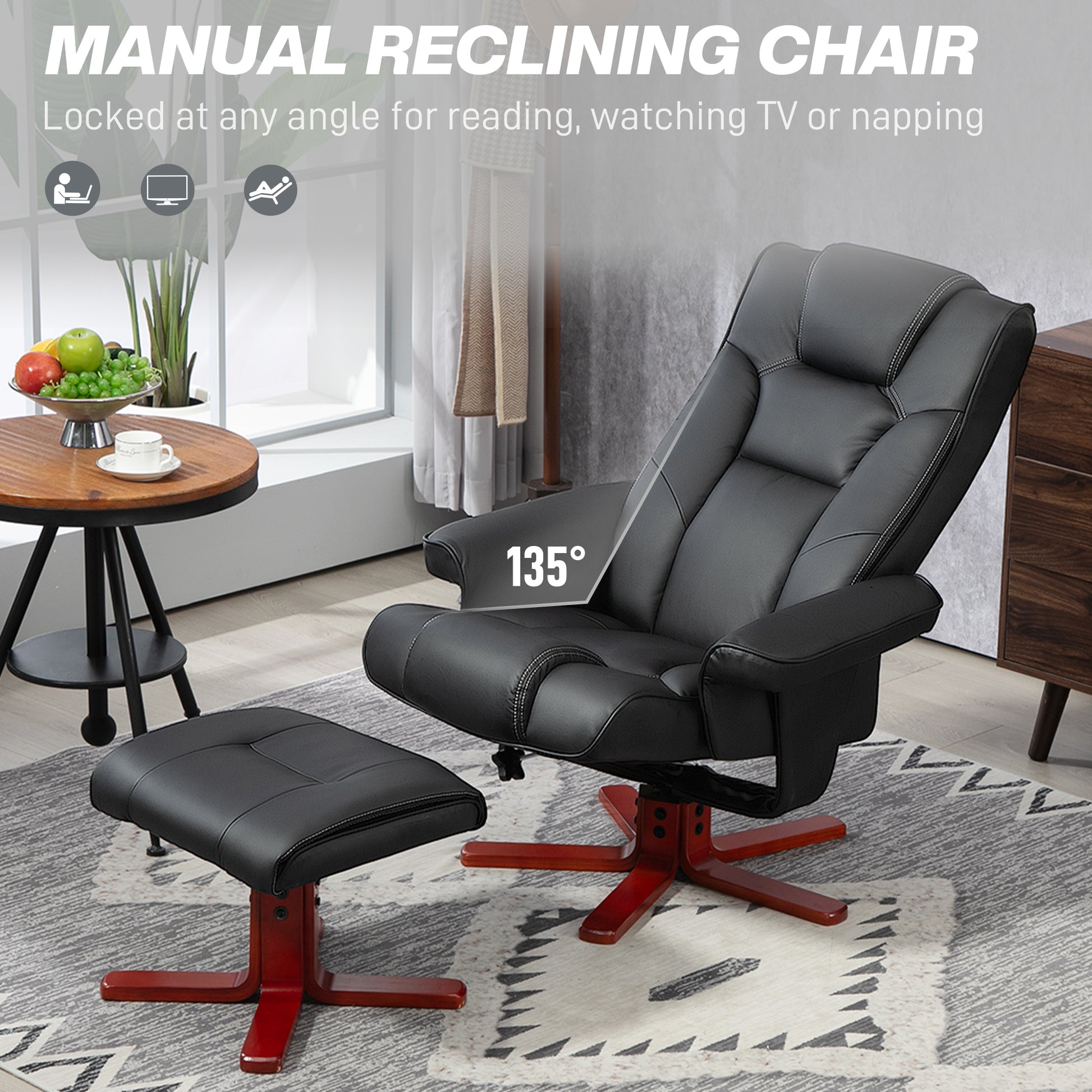 HOMCOM Faux Leather Manual Recliner and Footstool Set in Black-2